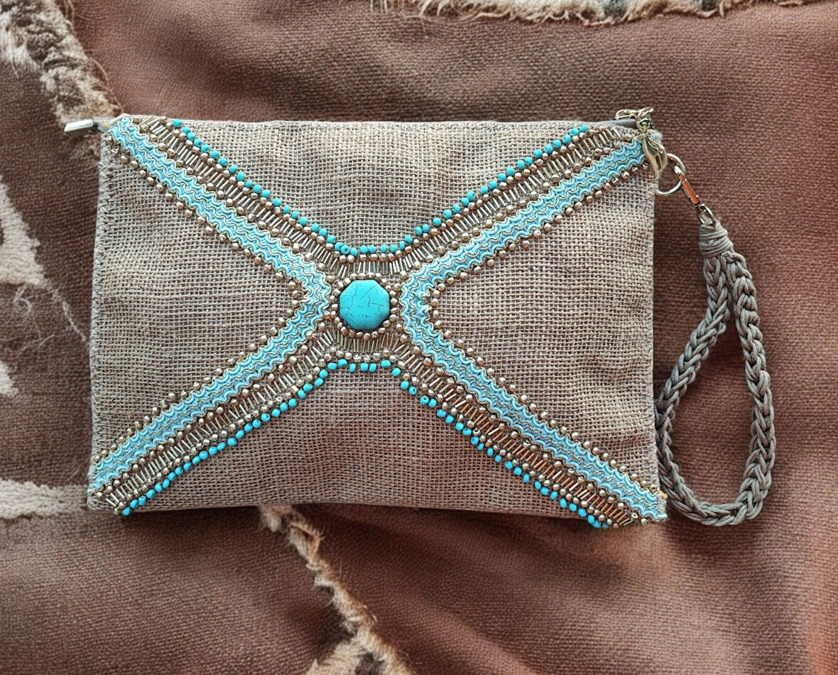 El Yapımı Boncuk İşlemeli Kadın Portföy Clutch El Çantası 