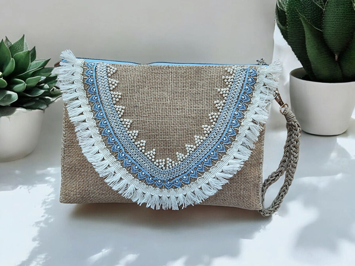 El Yapımı İnci Boncuk İşlemeli Kadın Portföy Clutch El Çantası