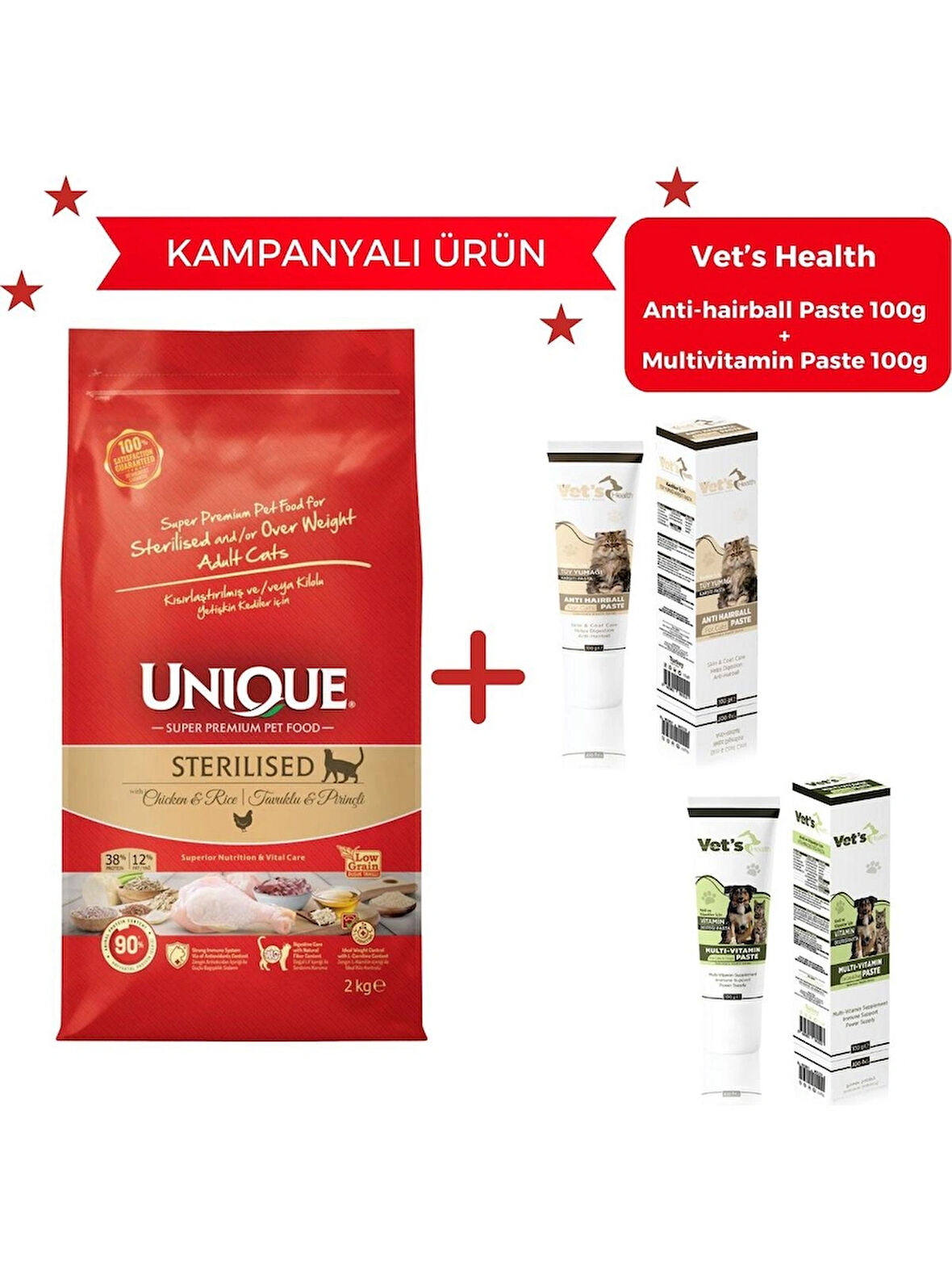 Unique Kısırlaştırılmış Kedi Maması Tavuklu 2 Kg - Vet's Health Multi-Vitamin ve Antihairballa Paste Hediyeli