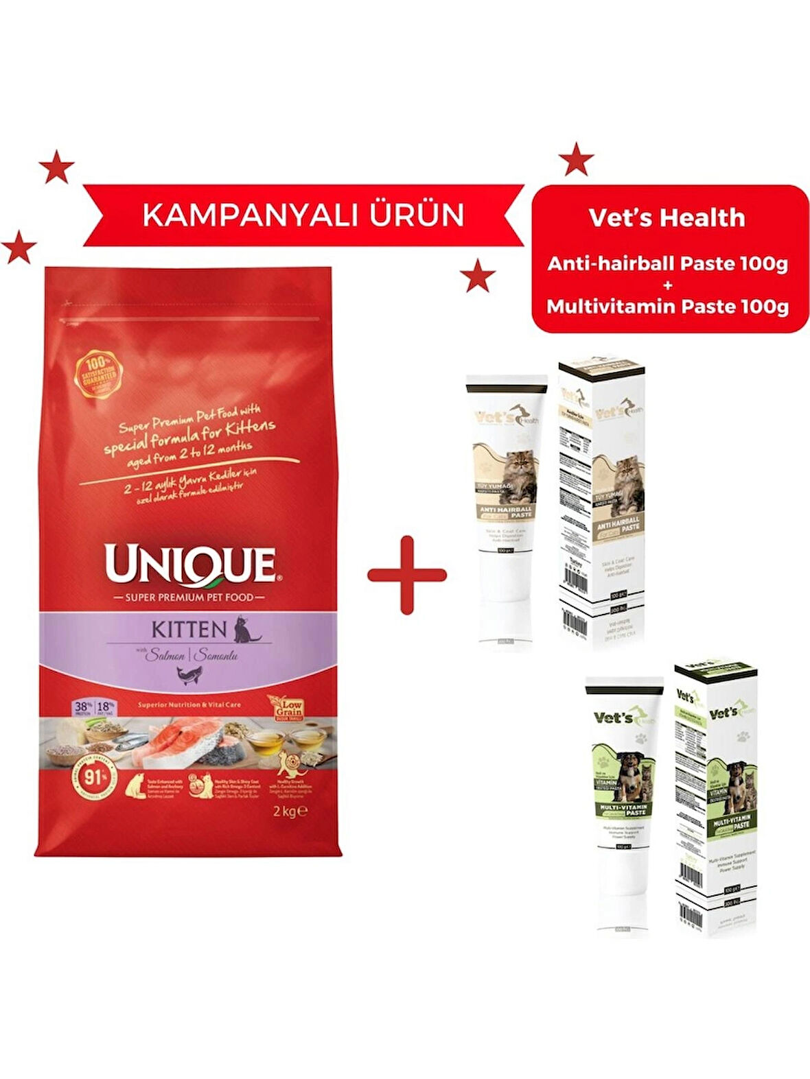 Unique Yavru Kedi Maması Somonlu 2 kg - Vet's Health Multi-Vitamin ve Antihairballa Paste Hediyeli