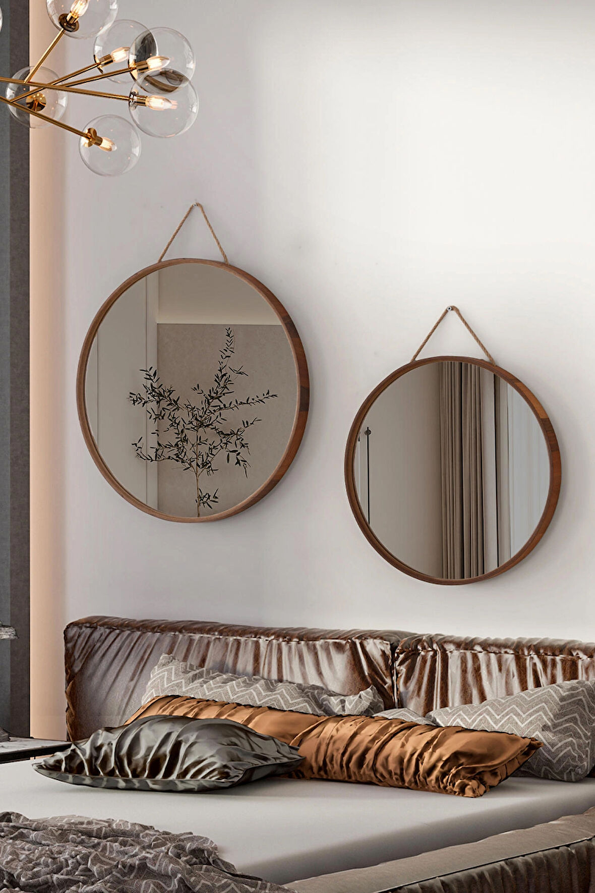 Mirora 2'li Yuvarlak Dekoratif Duvar Aynası | Boyalı Ahşap Çerçeveli | 60cm 48cm | Yerli Ceviz
