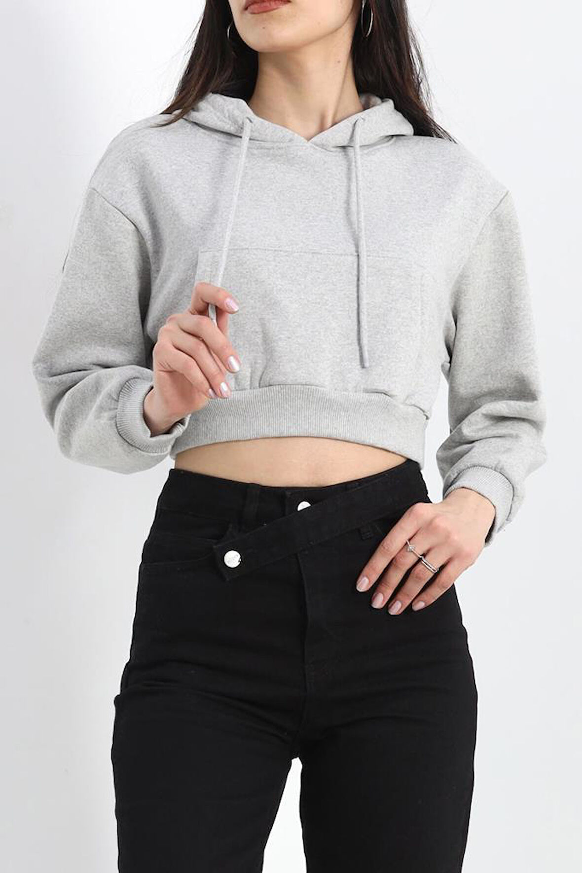 SBN Kadın Şardonlu Oversize Crop Sweat Gri1