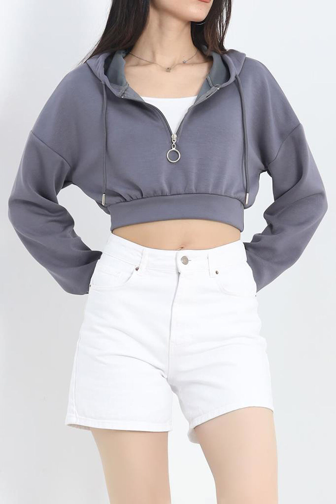 SBN Kadın Modal Kapşonlu Crop Sweat Antrasit