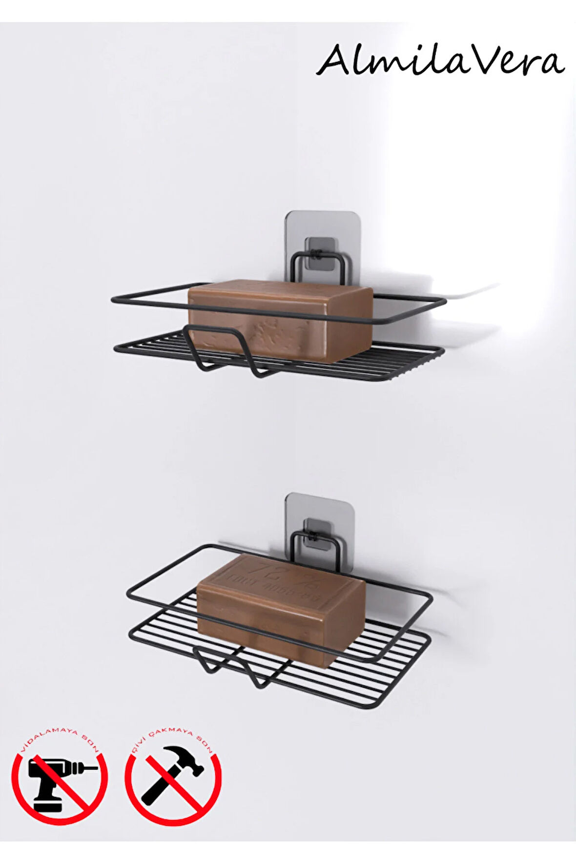 Güçlü Yapışkanlı 2 li Set Sabunluk Banyo Mutfak Lavabo Metal Katı Sabunluk Siyah