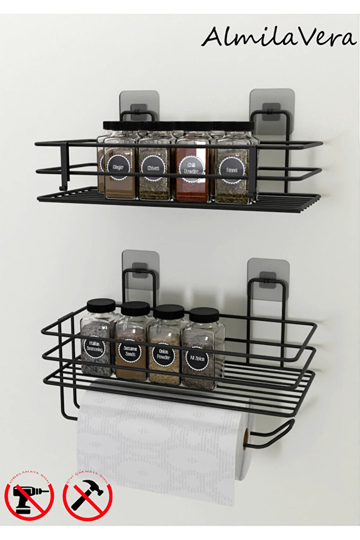 Güçlü Yapışkanlı Baharatlık 2 Li Metal Kağıt Havluluk Siyah Baharat Standı Mutfak Rafı