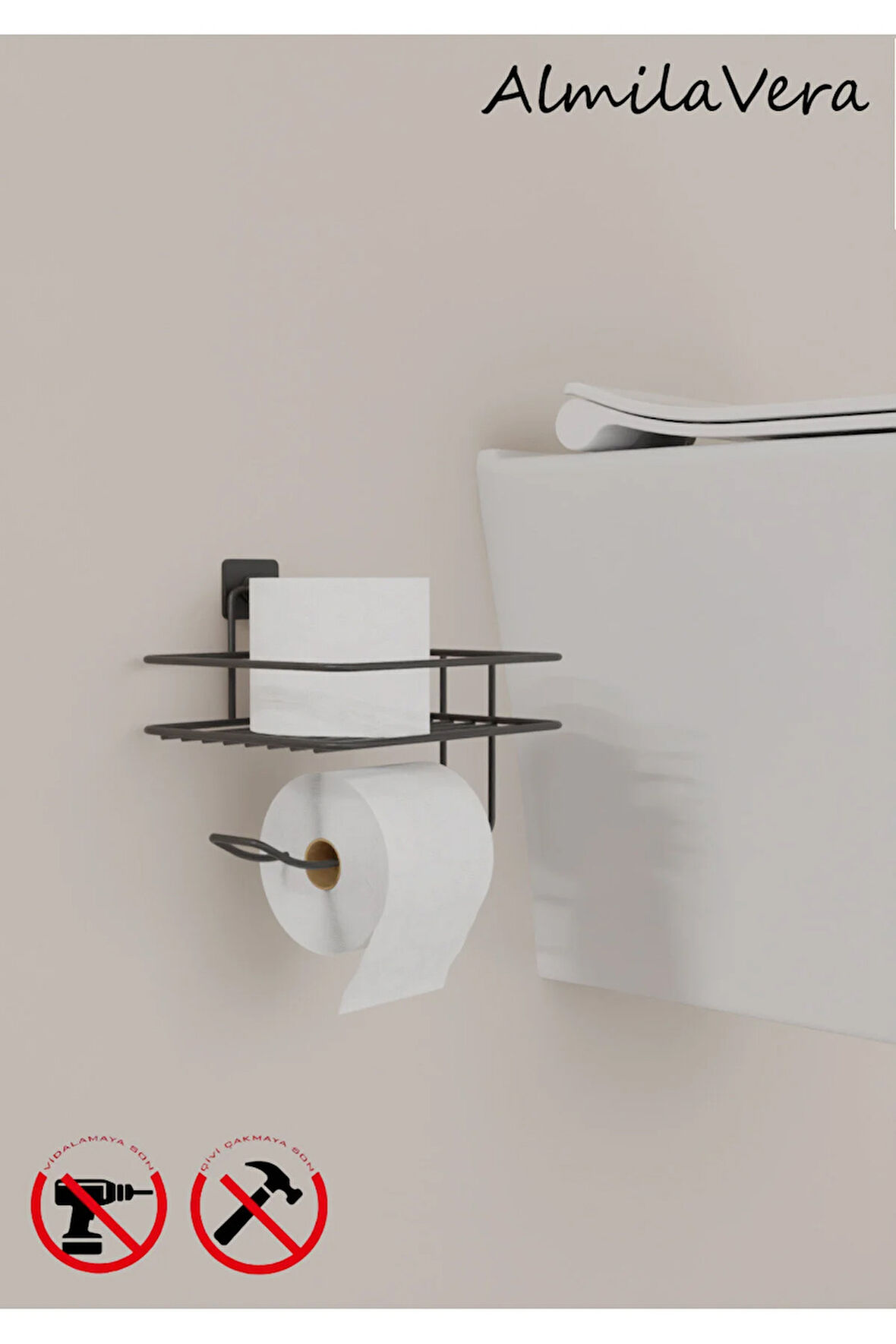 Yapışkanlı Siyah Tuvalet Kağıtlığı Askısı Yedekli Tuvalet Kağıtlık Wc Kağıtlık