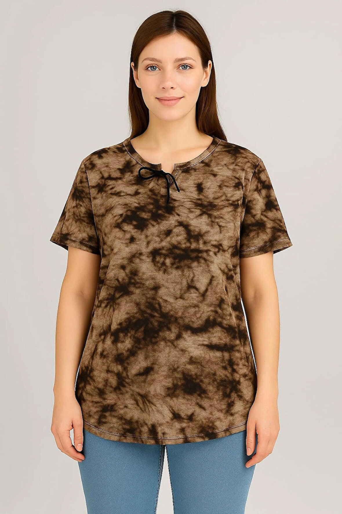 KADIN BÜYÜK BEDEN Bebe Yaka Bağcık Detaylı Batik desen Bluz