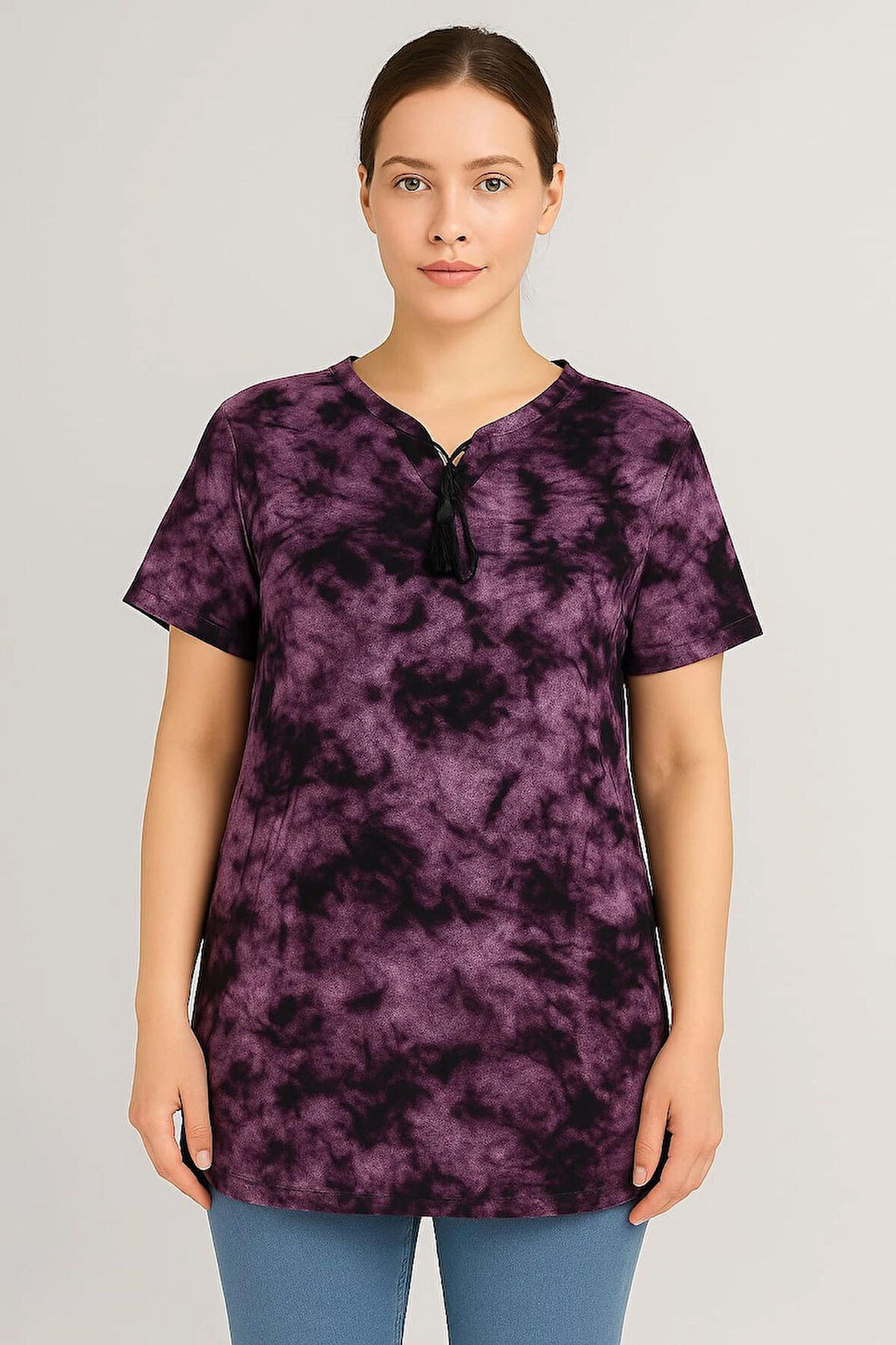 KADIN BÜYÜK BEDEN Bebe Yaka Bağcık Detaylı Batik desen Bluz