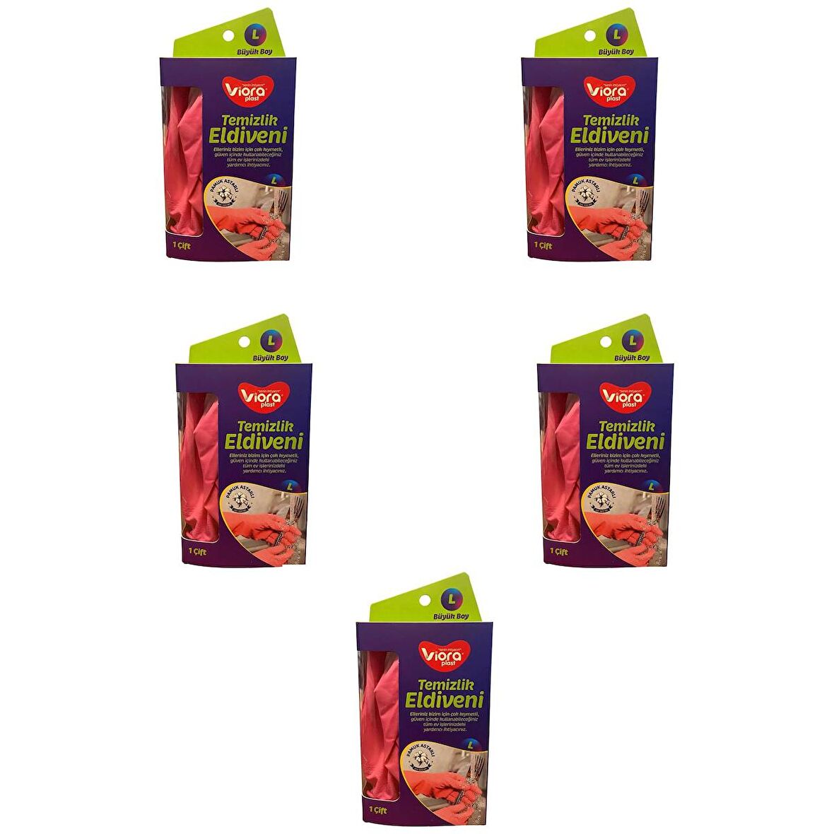 Viora Lateks Temizlik Bulaşık Eldiveni - Büyük Boy - Large - 9-9,5 - Pembe - 5 Paket