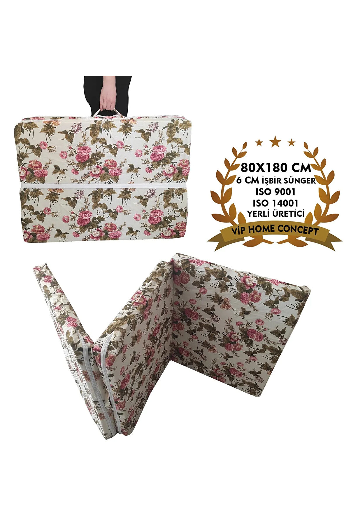 Katlanır Yatak Yer Yatağı Sünger Yatak Taşınabilen Tek Kişilik 80x180 Ingiliz Gülü-6 Cm