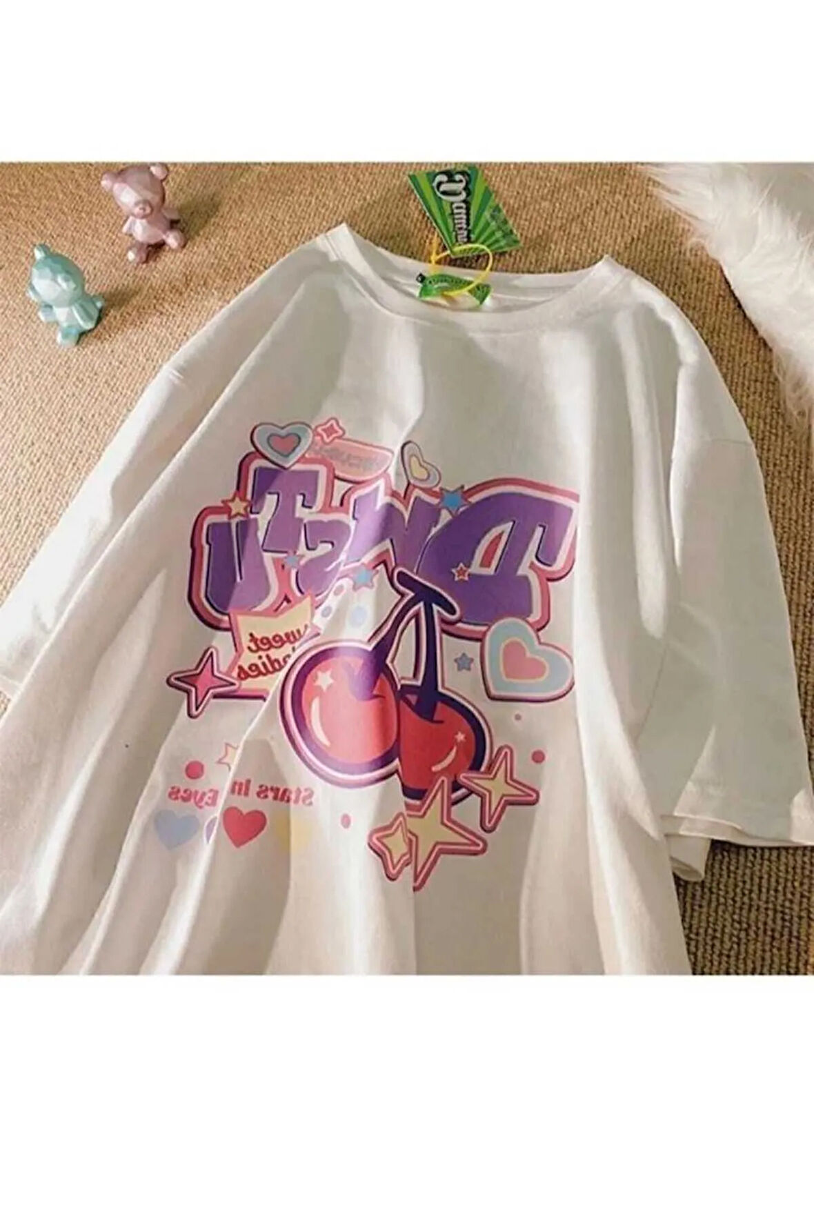 malkoçbey vişne baskılı oversize unisex basic t-şhirt