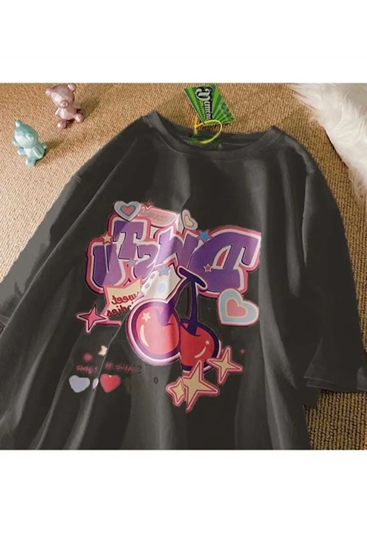 malkoçbey vişne baskılı oversize unisex basic t-şhirt