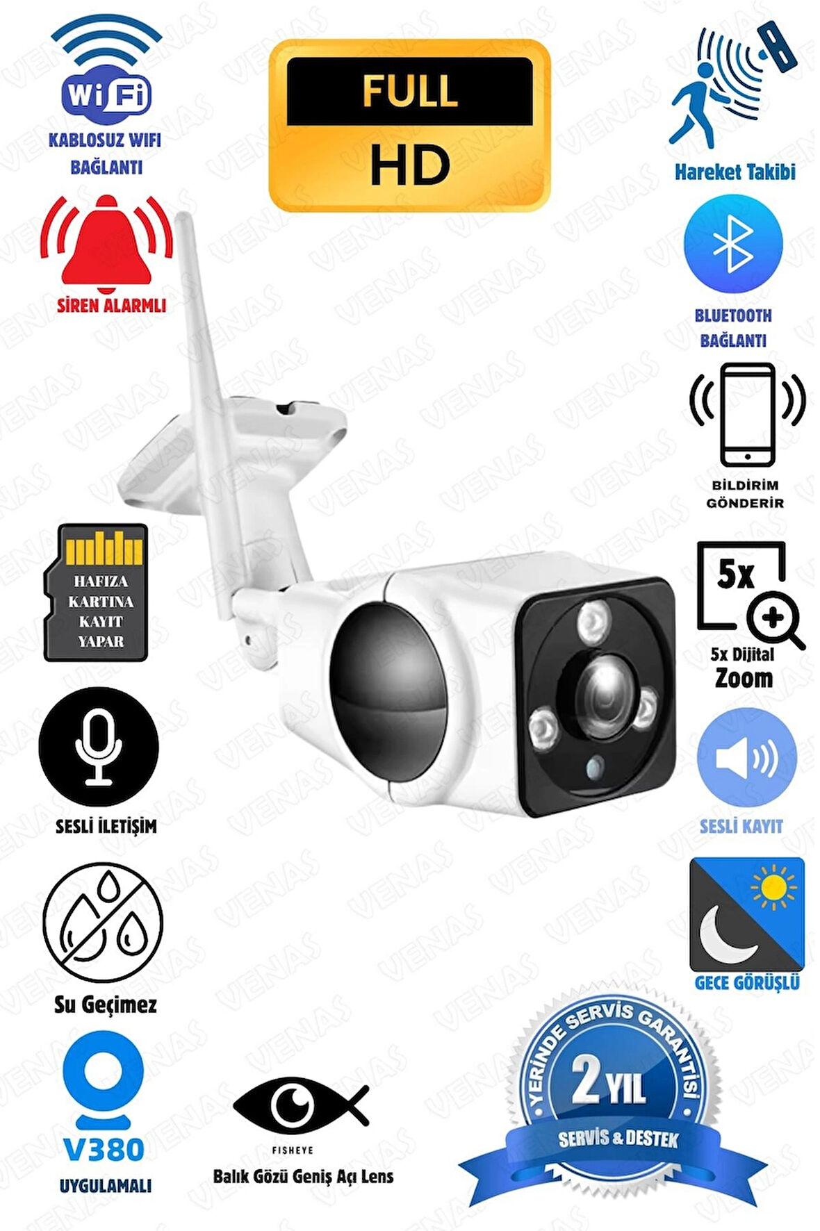 Kablosuz 3MP Full HD Wi-Fi Balık Gözü Lensli İç ve Dış Mekân Güvenlik Kamerası (SD Kart Destekli)