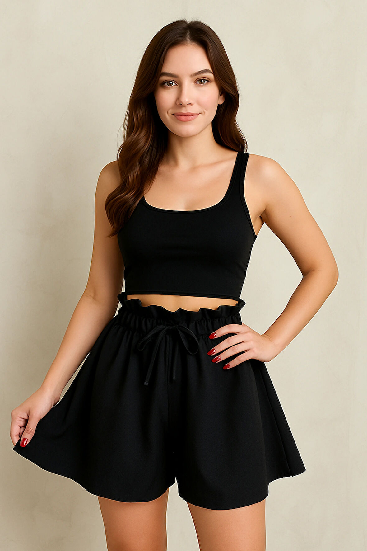  Kadın Volanlı Bağcık Aksesuarlı Keten Şort