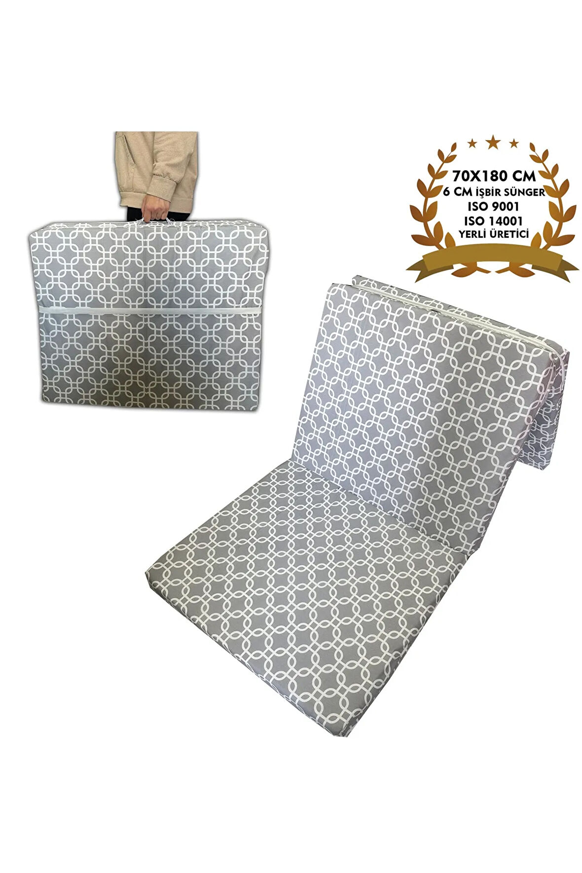 Katlanır Yer Yatağı Ve Tek Kişilik Sünger Katlanır Minder Yatak 70x180 cm 6 cm -GRİ ZİNCİR