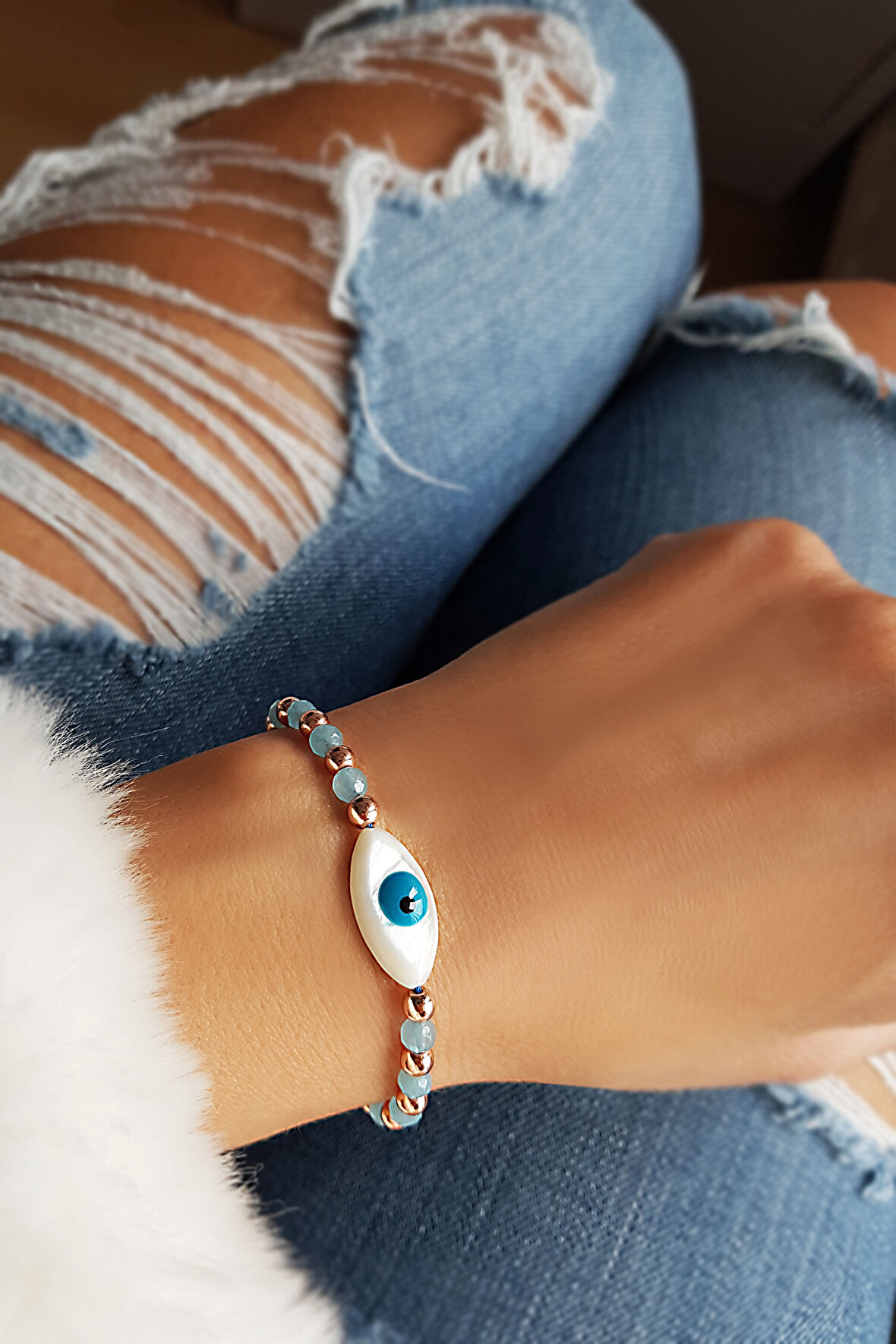 Sedef Mavi Quartz ve Hematit Taşlı Gümüş Bileklik