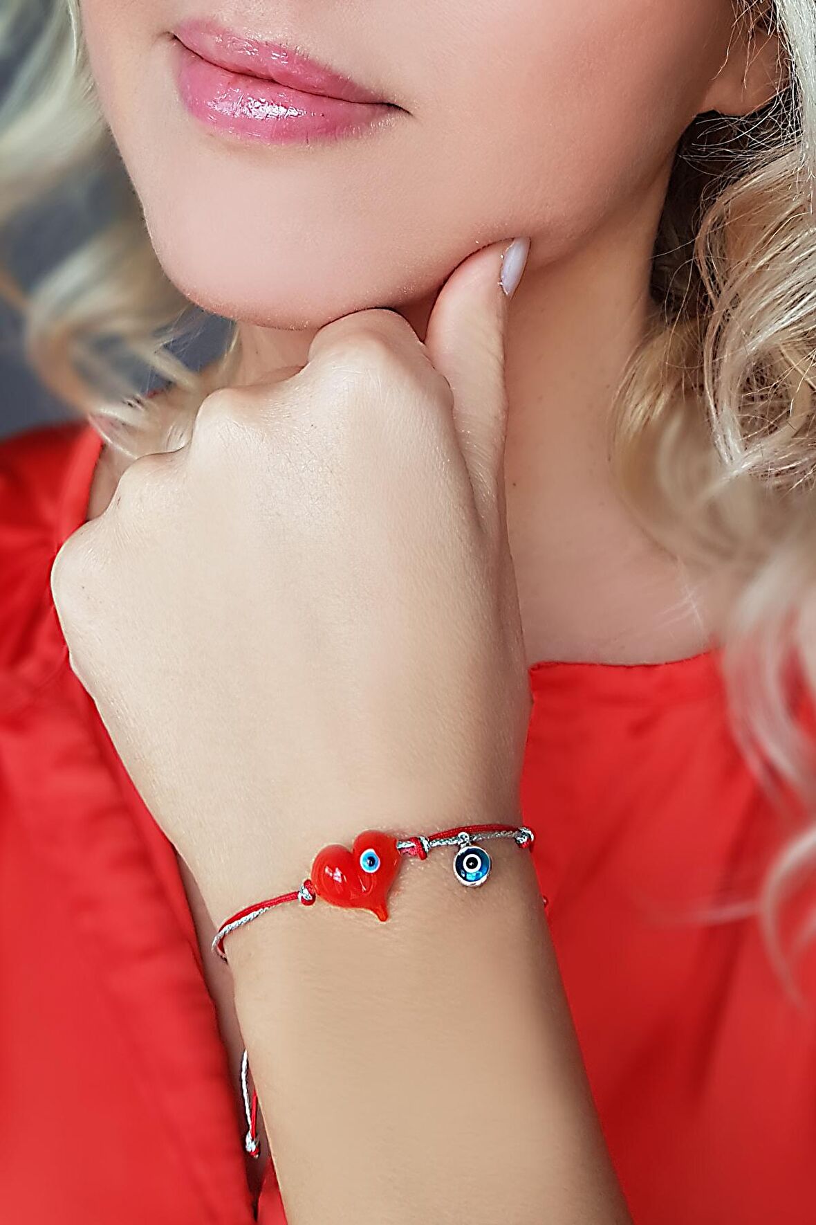 El Yapımı Murano Camı Nazarlı Kalp Bileklik