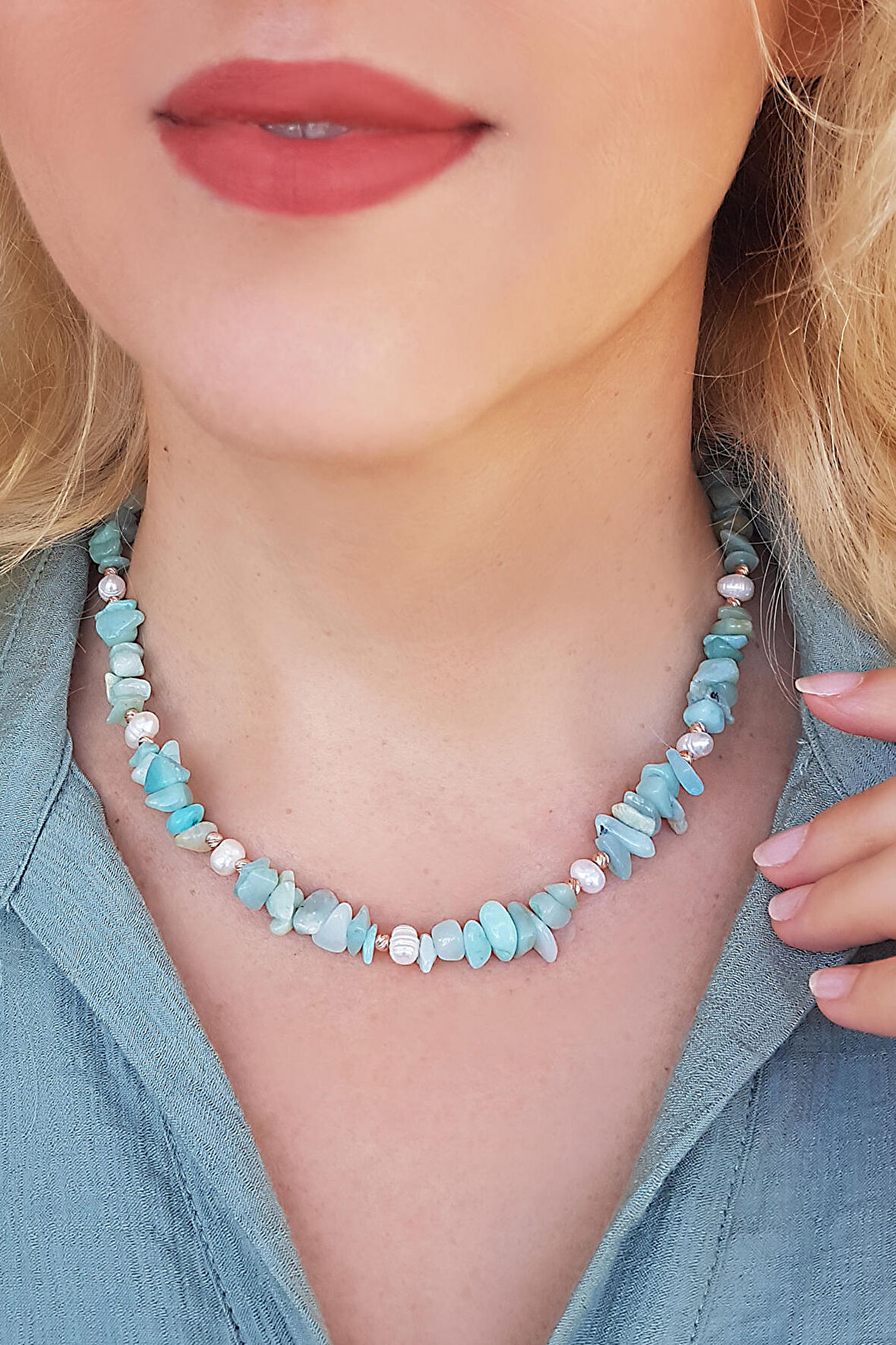 925 Ayar Gümüş İnci ve Amazonit Taşlı Kolye