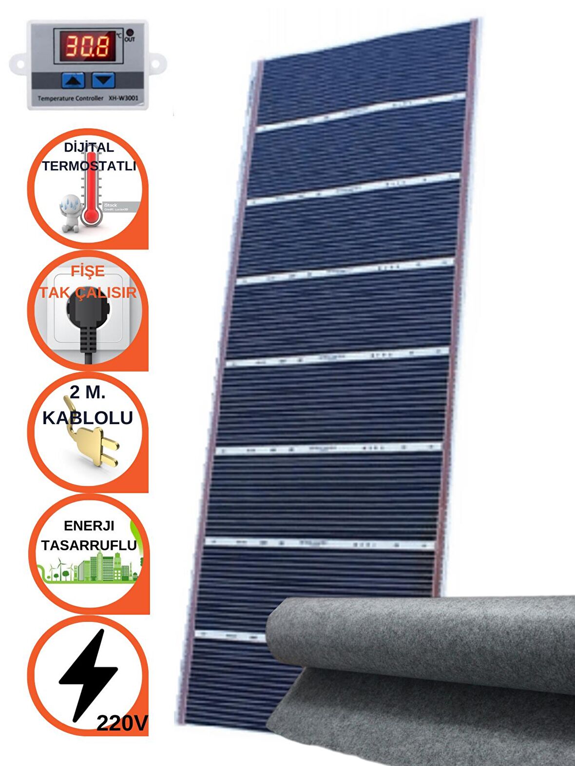 100cmx950cm Karbon Film Isıtıcı Dijital Termostatlı Keçeli Halı Altı Isıtıcı