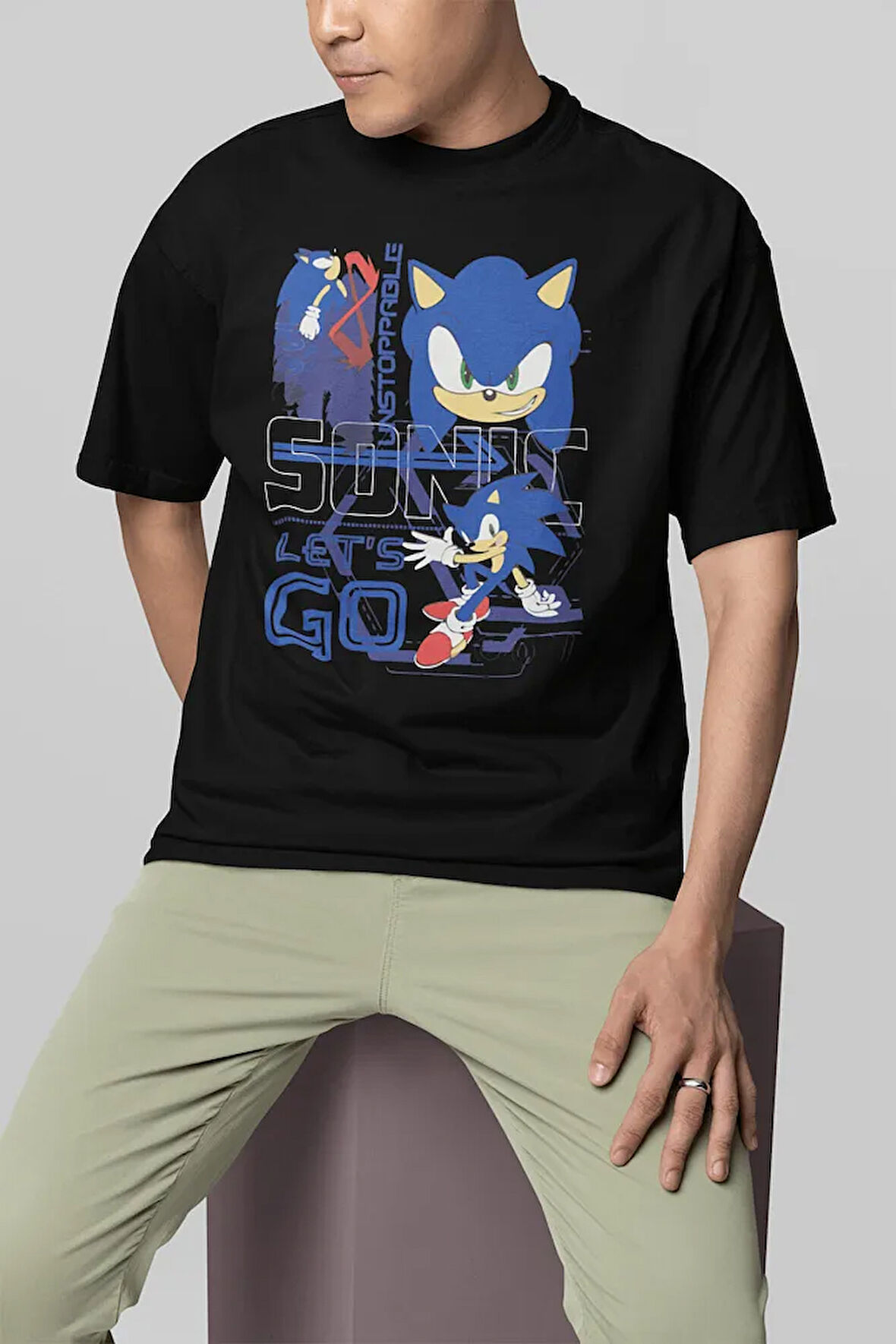 Unstoppable Sonic Lets Go Baskılı Unisex Oversize Çizgi Film Tişört