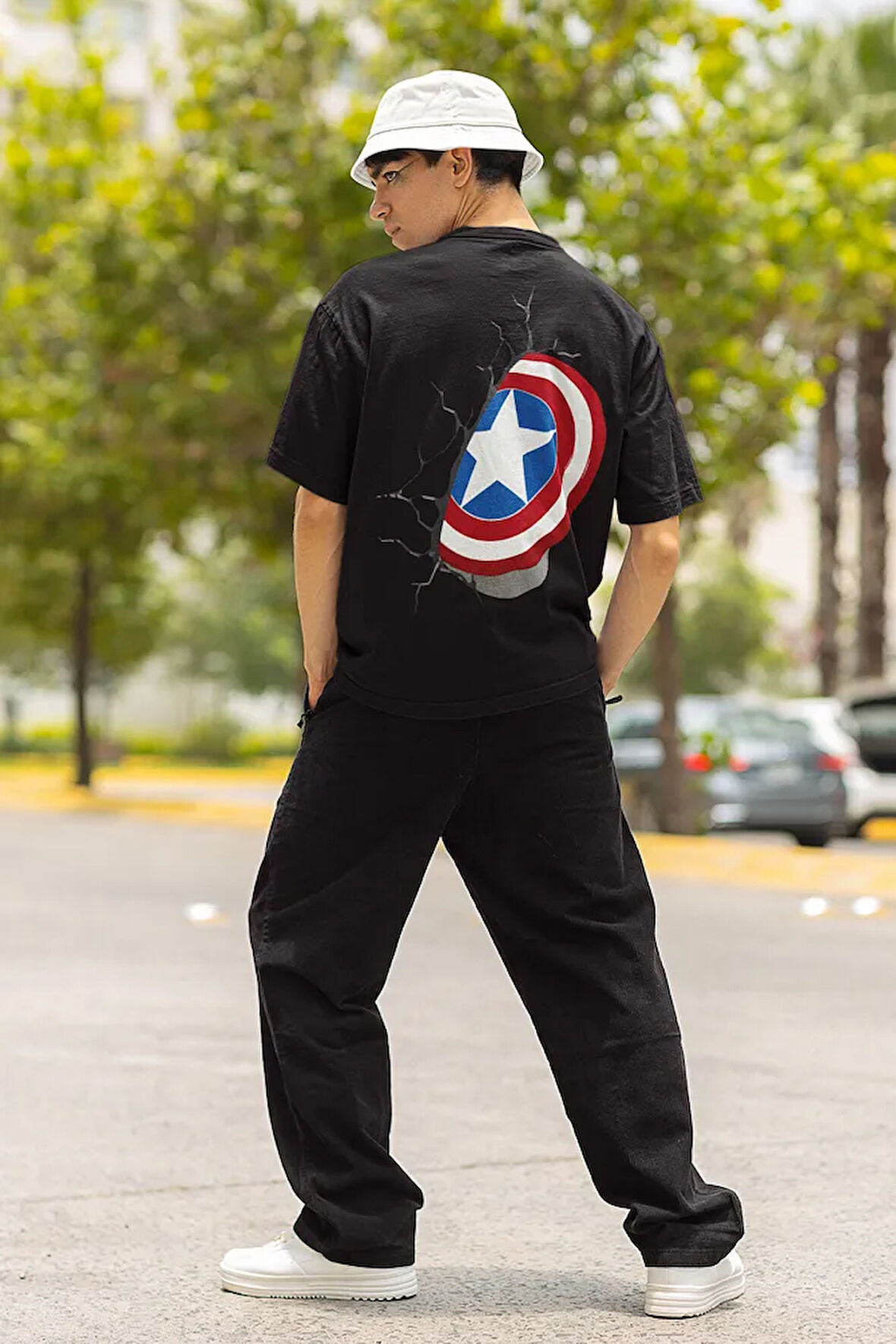 Kaptan Amerika Kalkan Baskılı Unisex Oversize Avengers Marvel Tişört