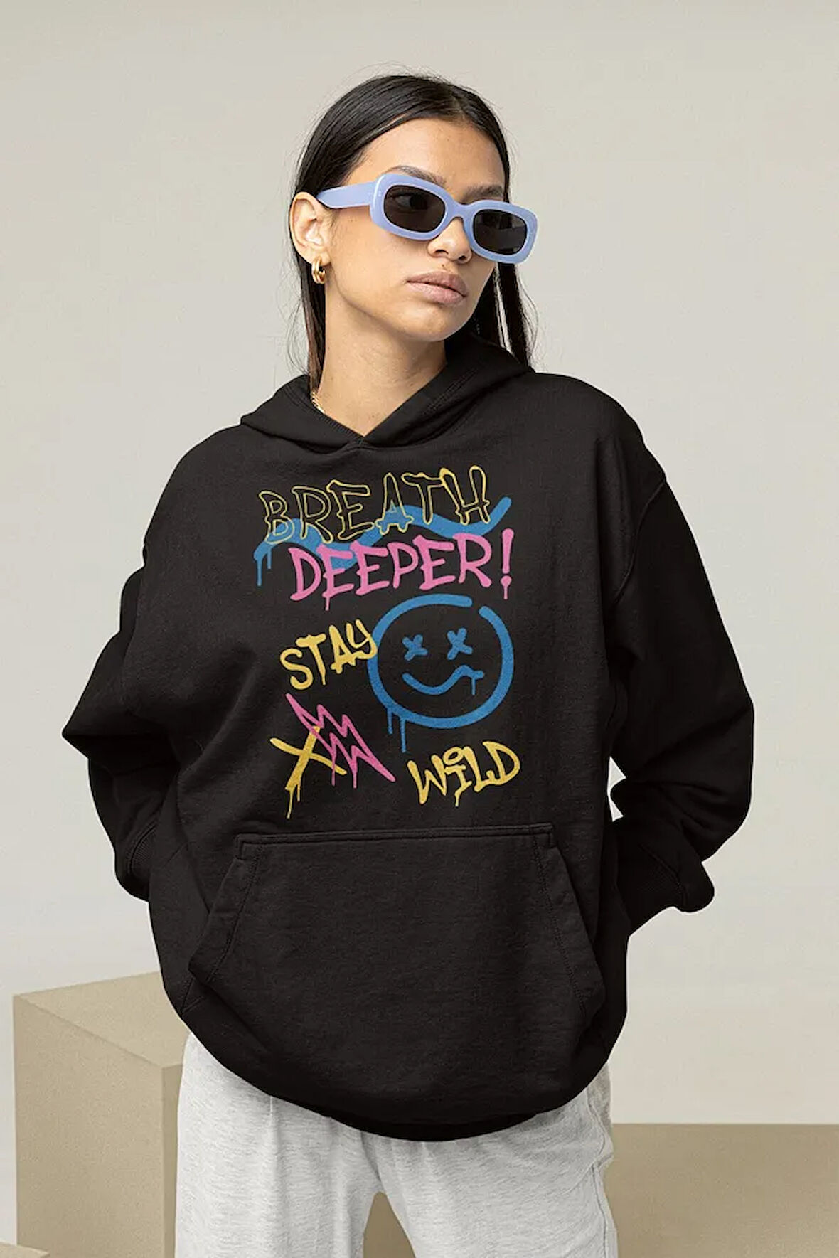 Breath Deeper Stay Wild Yazılı Unisex Oversize Grafiti Hoodie