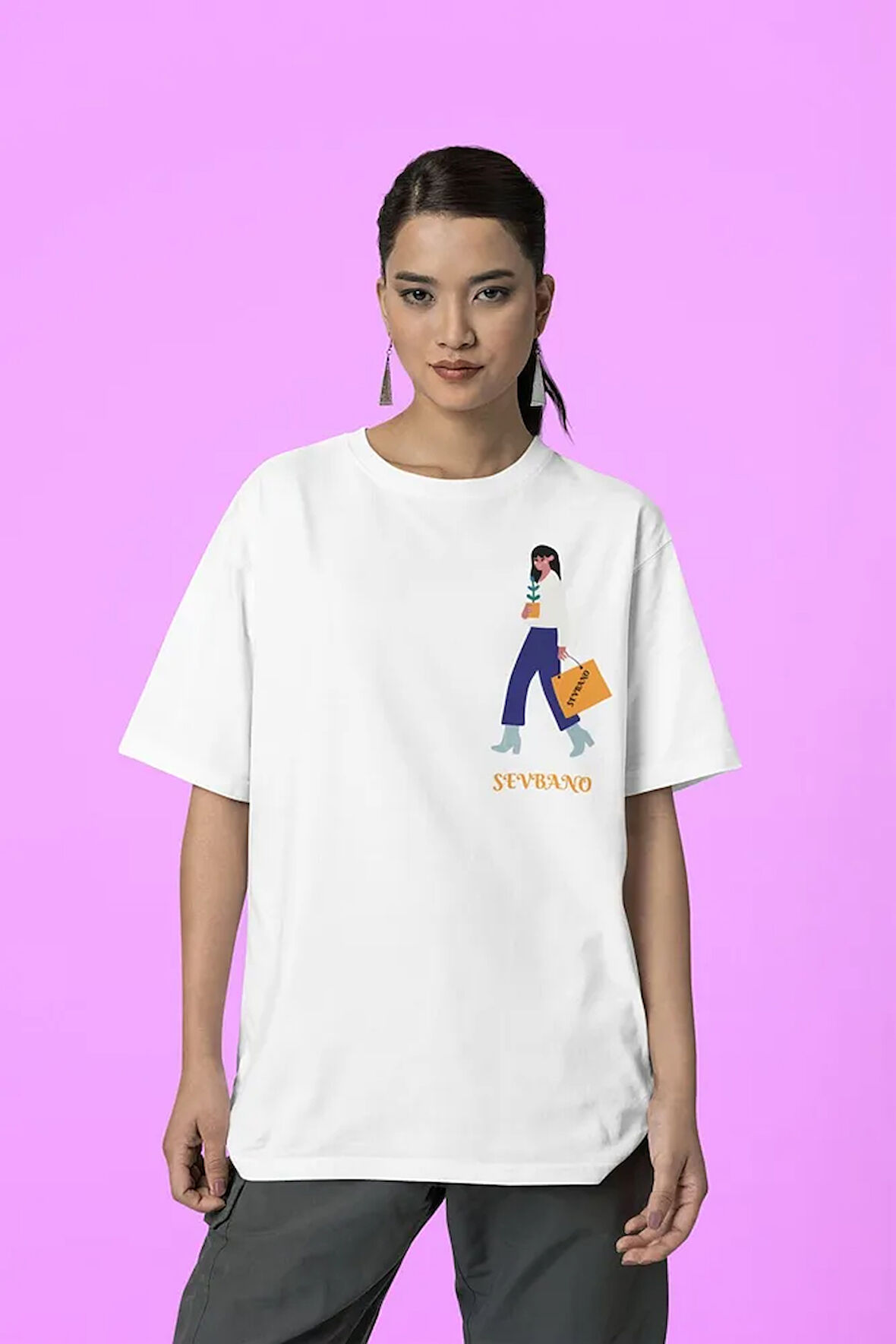 Çantalı Kadın Baskılı Oversize Tişört