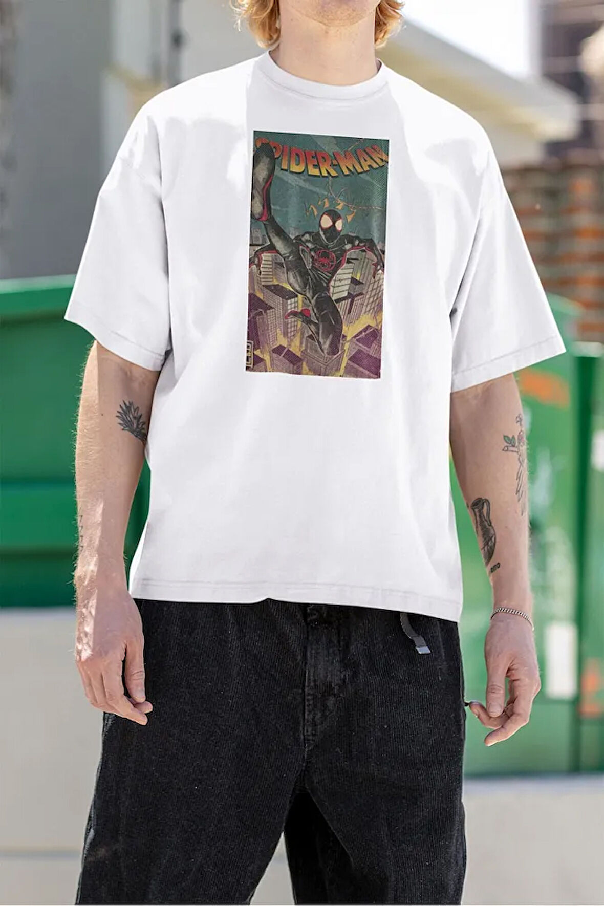 Siyah Örümcek Adam Baskılı Unisex Oversize Tişört