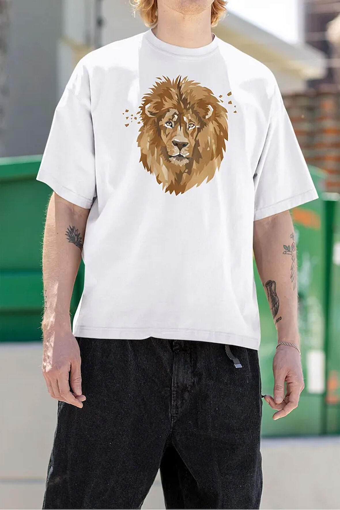 Çizim Lion Baskılı Unisex Oversize Aslan Baskılı Tişört