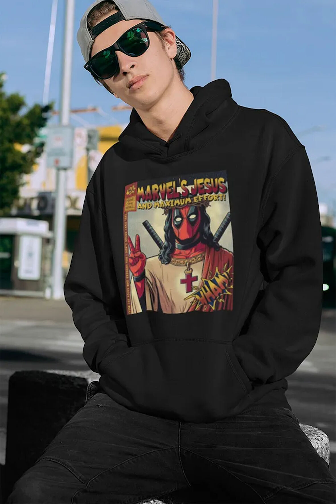Marvel's Jesus Deadpool Baskılı Unisex Oversize Hoodie