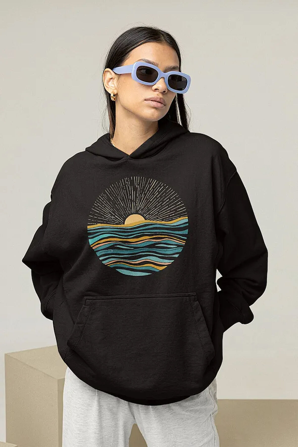 Özel Tasarım Gün Batımı Baskılı Unisex Oversize Hoodie