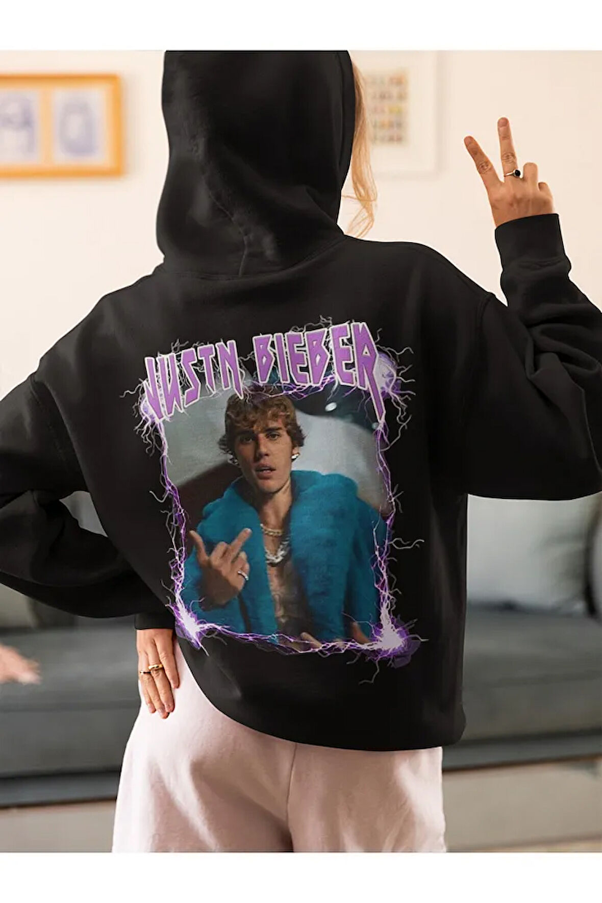 Tasarım Justin Bieber Baskılı Unisex Oversize Şarkıcı Hoodie