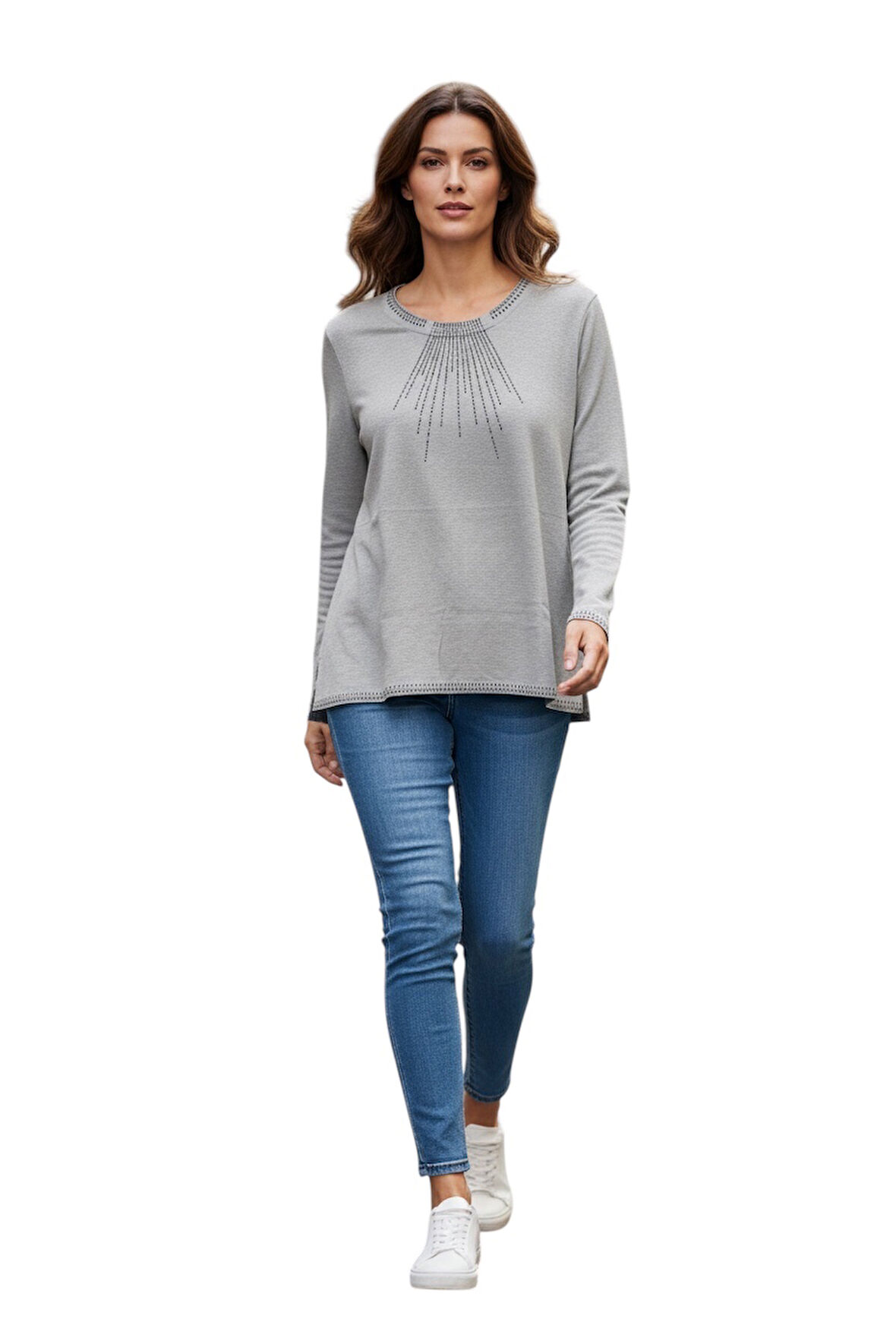 KADIN YAKA VE KOL AĞZI TAŞLI ETEK DESENLİ BLUZ