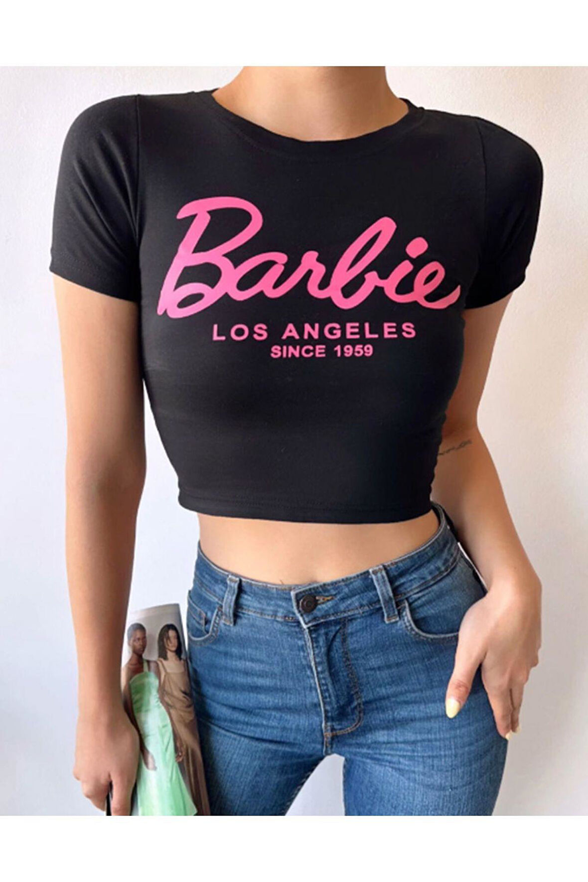 Kadın Barbie Baskılı Los Angeles Kısa Kollu Slim Fit Crop Tshirt