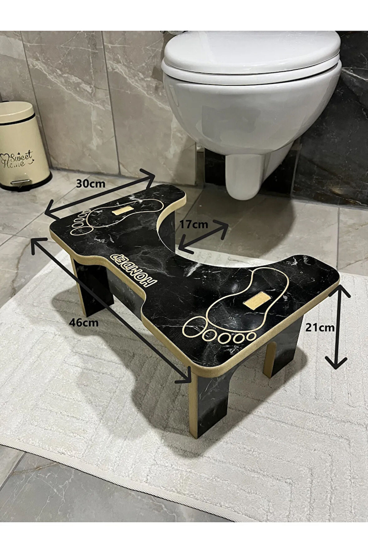 Tuvalet Wc Taburesi Basamak Klozet Altı Tabure Ayak Destek Taburesi Siyah Mermer Desen
