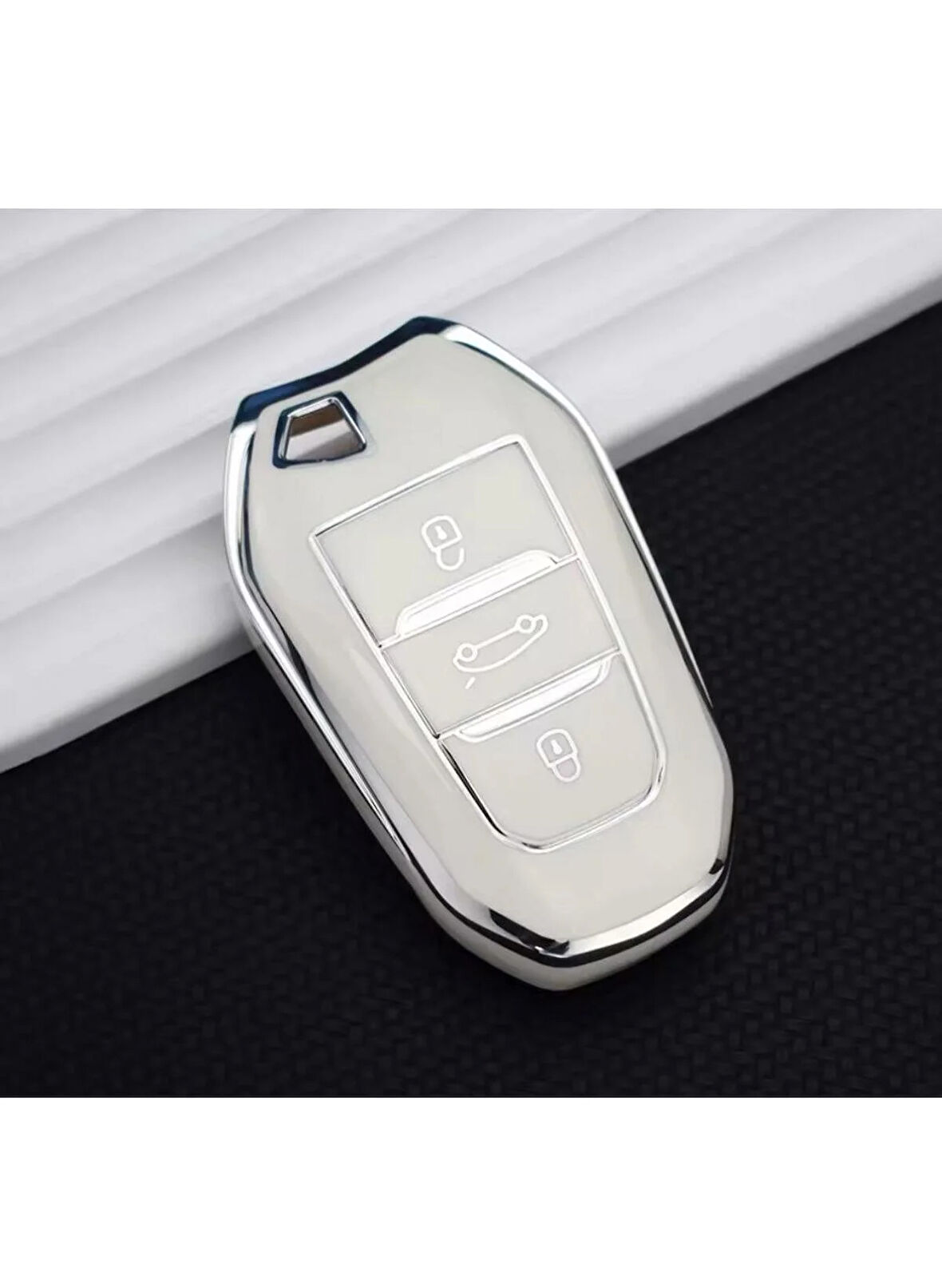Peugeot 208 308 508 2008 3008 5008 Rifter Anahtar Koruma Kılıfı Anahtarsız Çaliştırma Beyaz/Krom