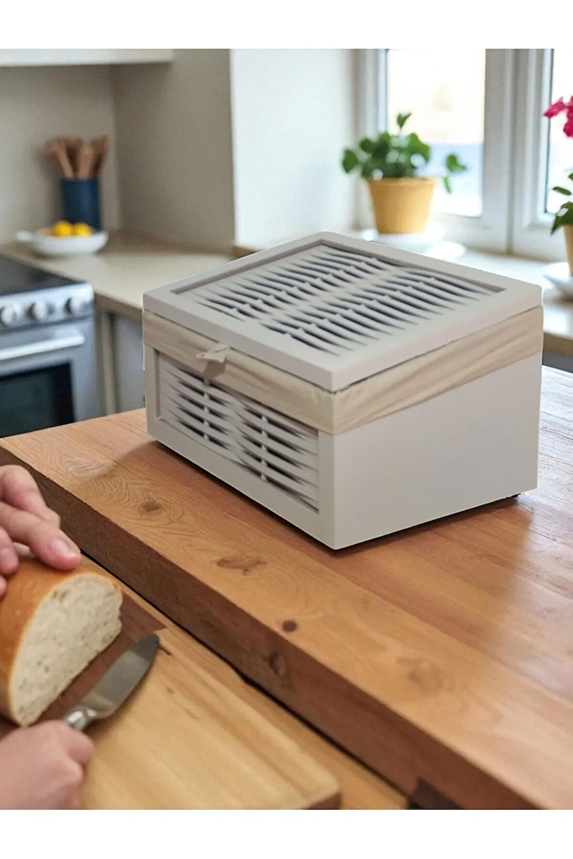 Ahşap Hasır Görünümlü Ekmeklik Yıkanabilir Bezli (Beyaz)