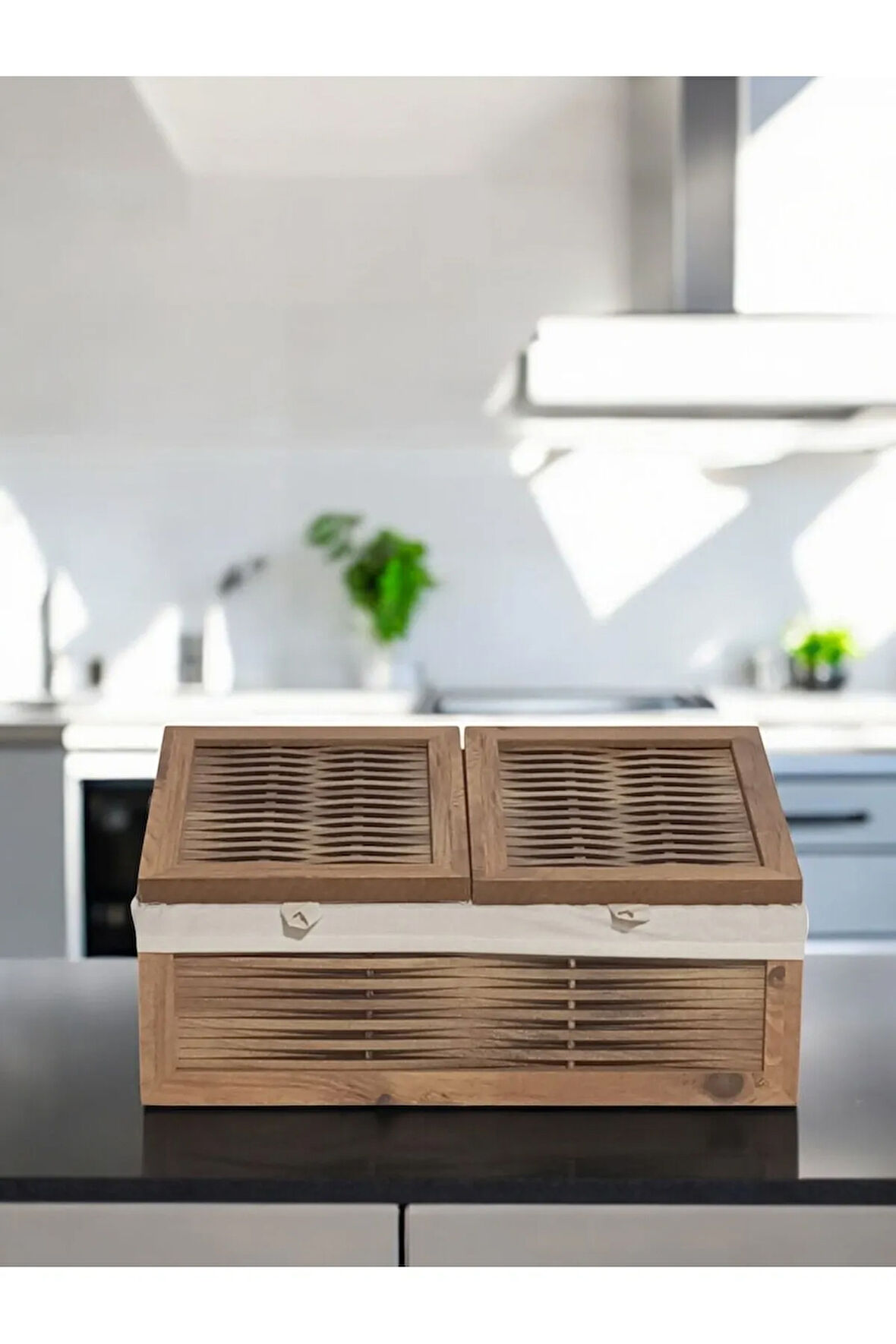 Ahşap 2 Kapaklı Ekmek ve Patates Soğan Sepeti Yıkanabilir Bezli (Atlantik Çam)