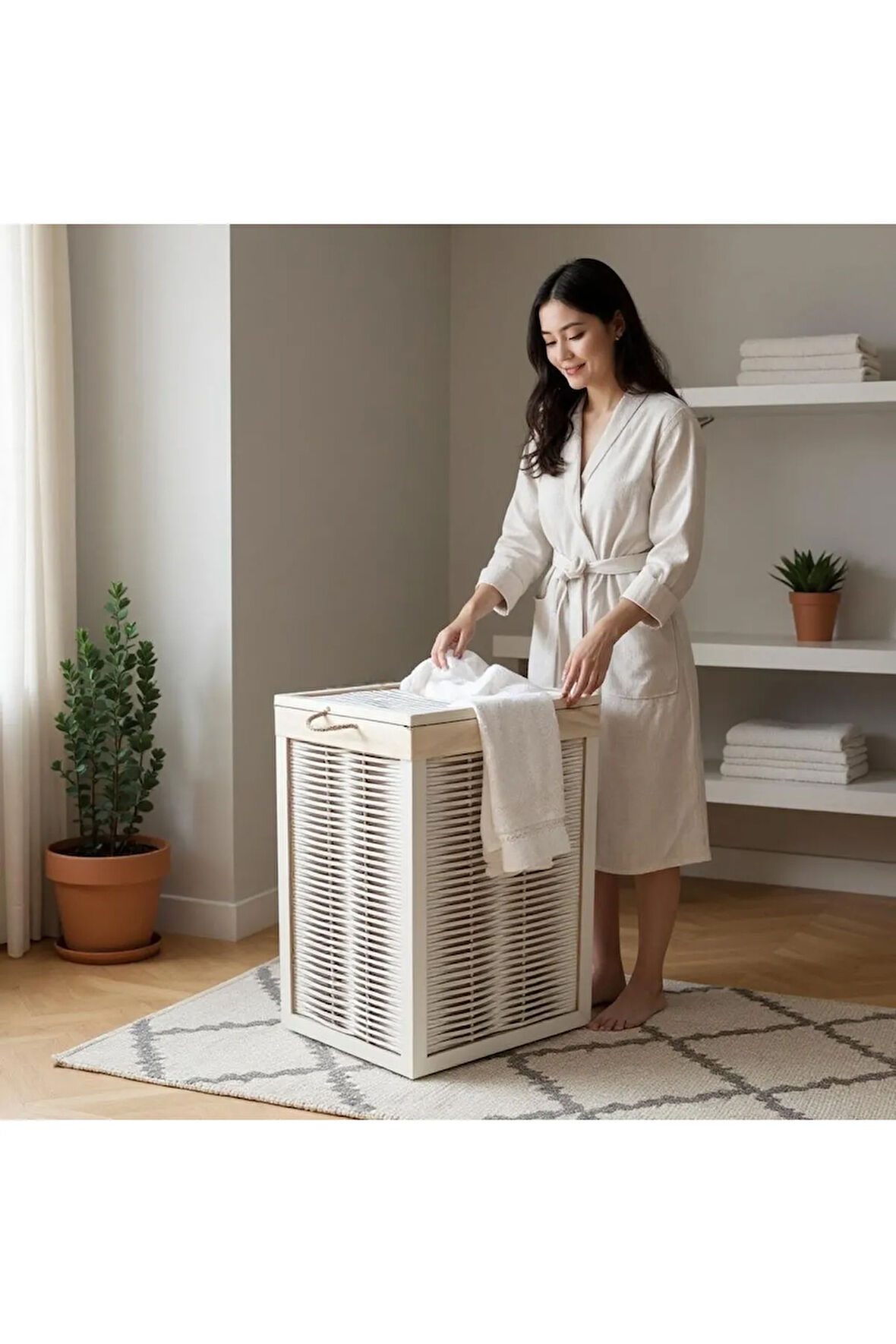 Ahşap Kirli Çamaşır Sepeti Yıkanabilir Bezli (Beyaz)