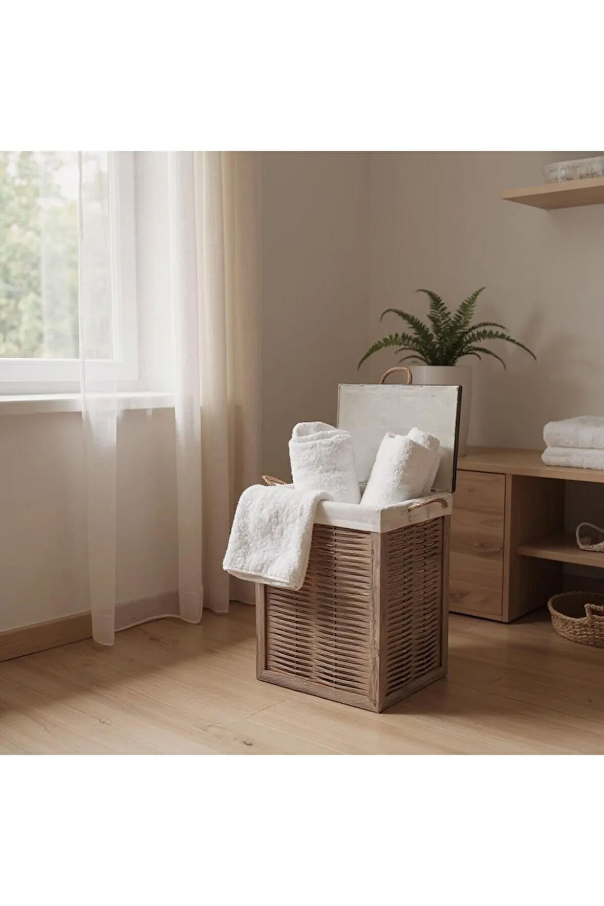 Ahşap Kirli Çamaşır Sepeti Yıkanabilir Bezli (Rustik Meşe)