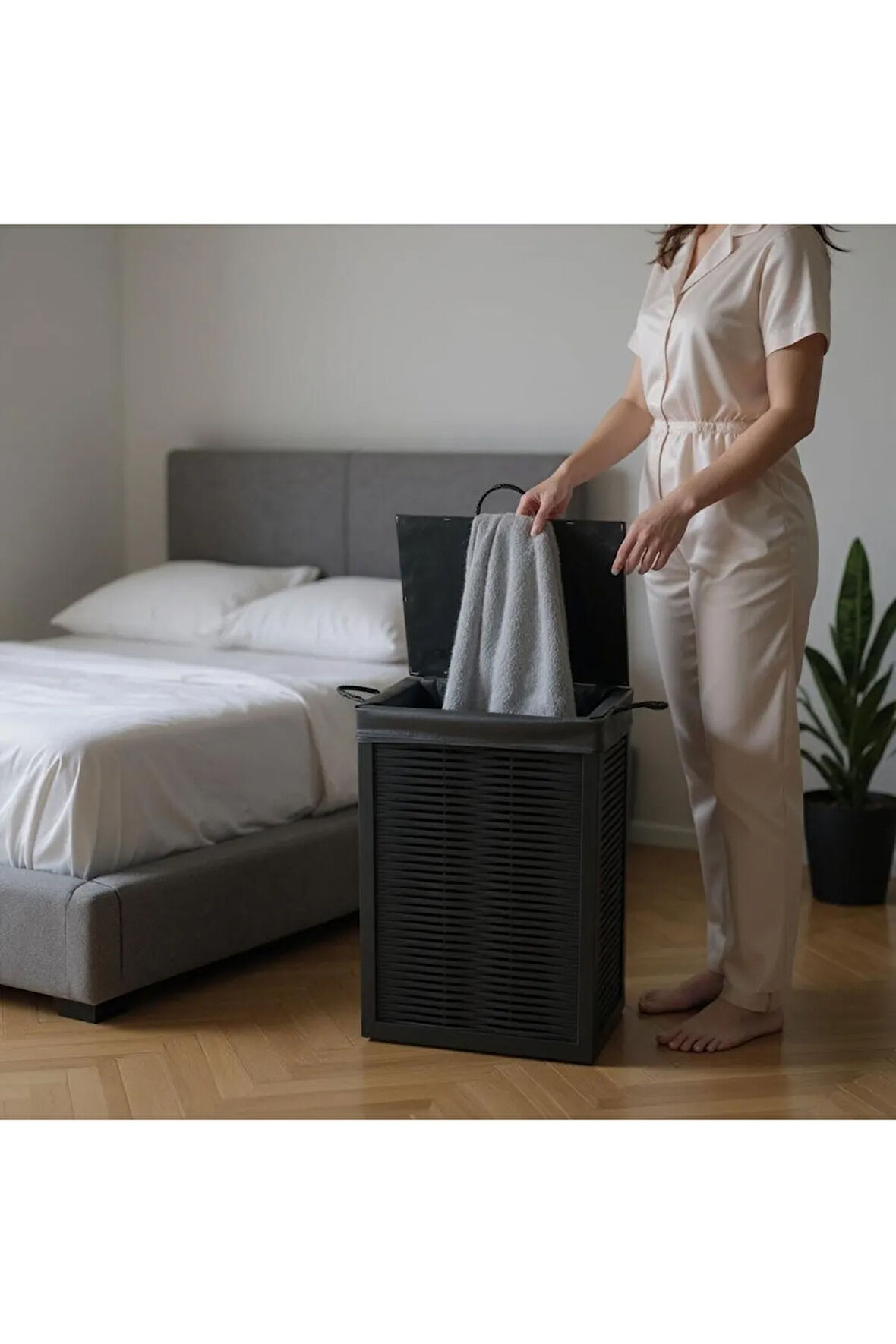 Ahşap Kirli Çamaşır Sepeti Yıkanabilir Bezli (Siyah)