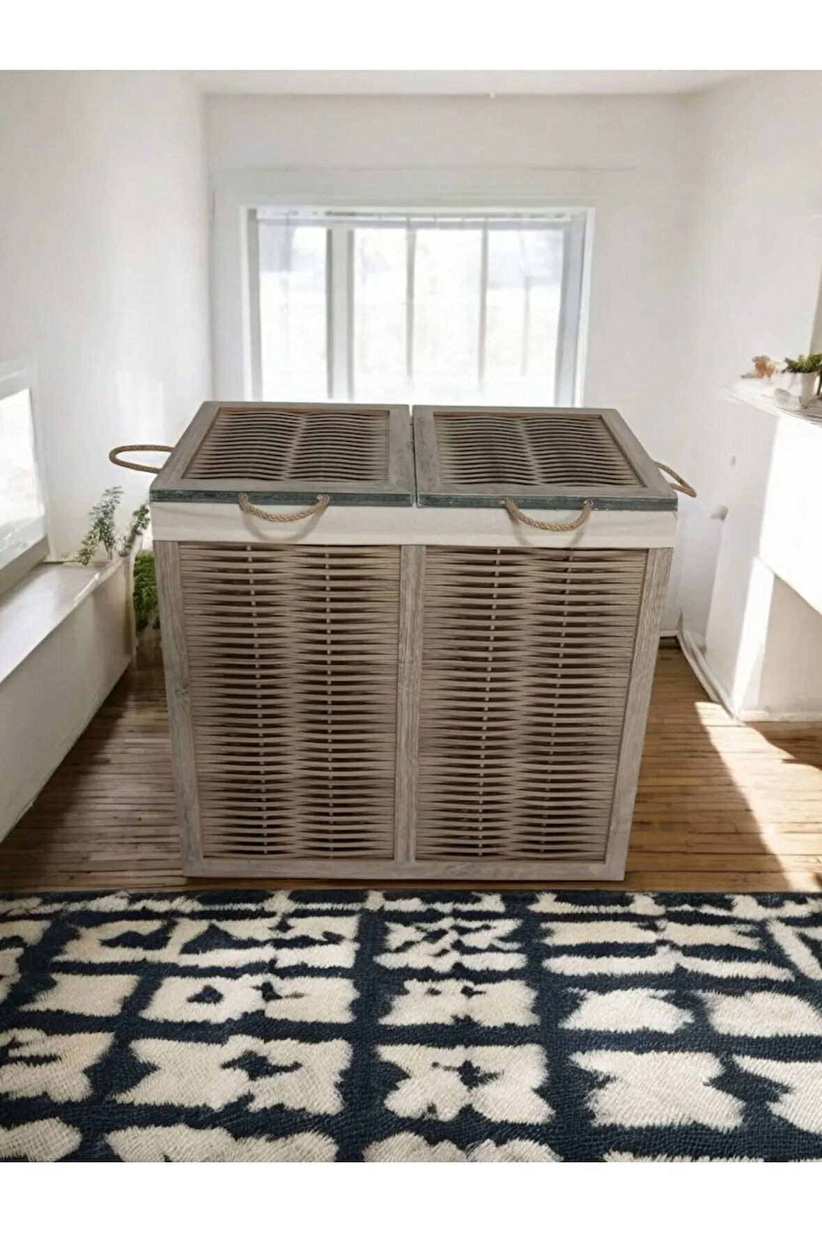 Ahşap Hasır Görünümlü Çift Bölmeli  2 Kapaklı Kirli Çamaşır Sepeti (Rustik Meşe)