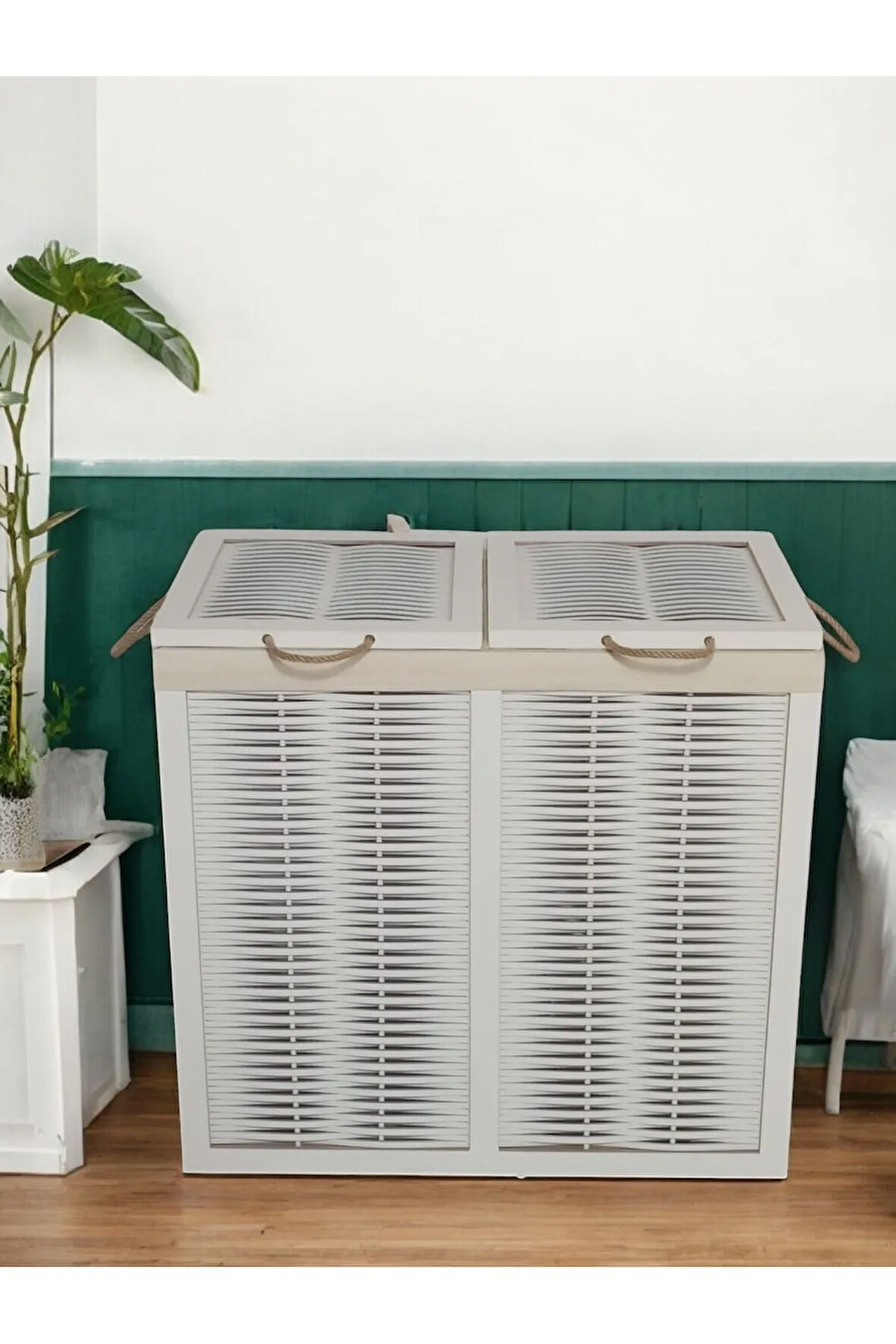 Ahşap Hasır Görünümlü Çift Bölmeli  2 Kapaklı Kirli Çamaşır Sepeti (Beyaz)