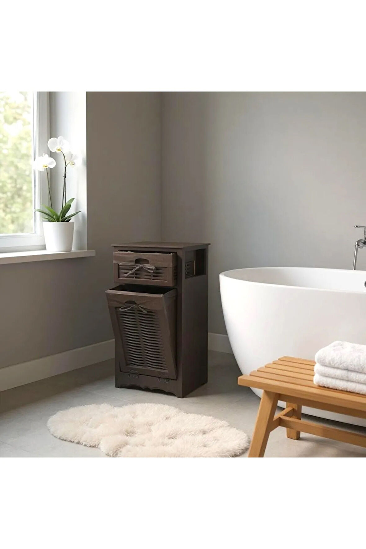 Ahşap Kirli Çamaşır Sepetli Çekmeceli Hasır Görünümlü Çok Amaçlı Dolap ( Siyah)