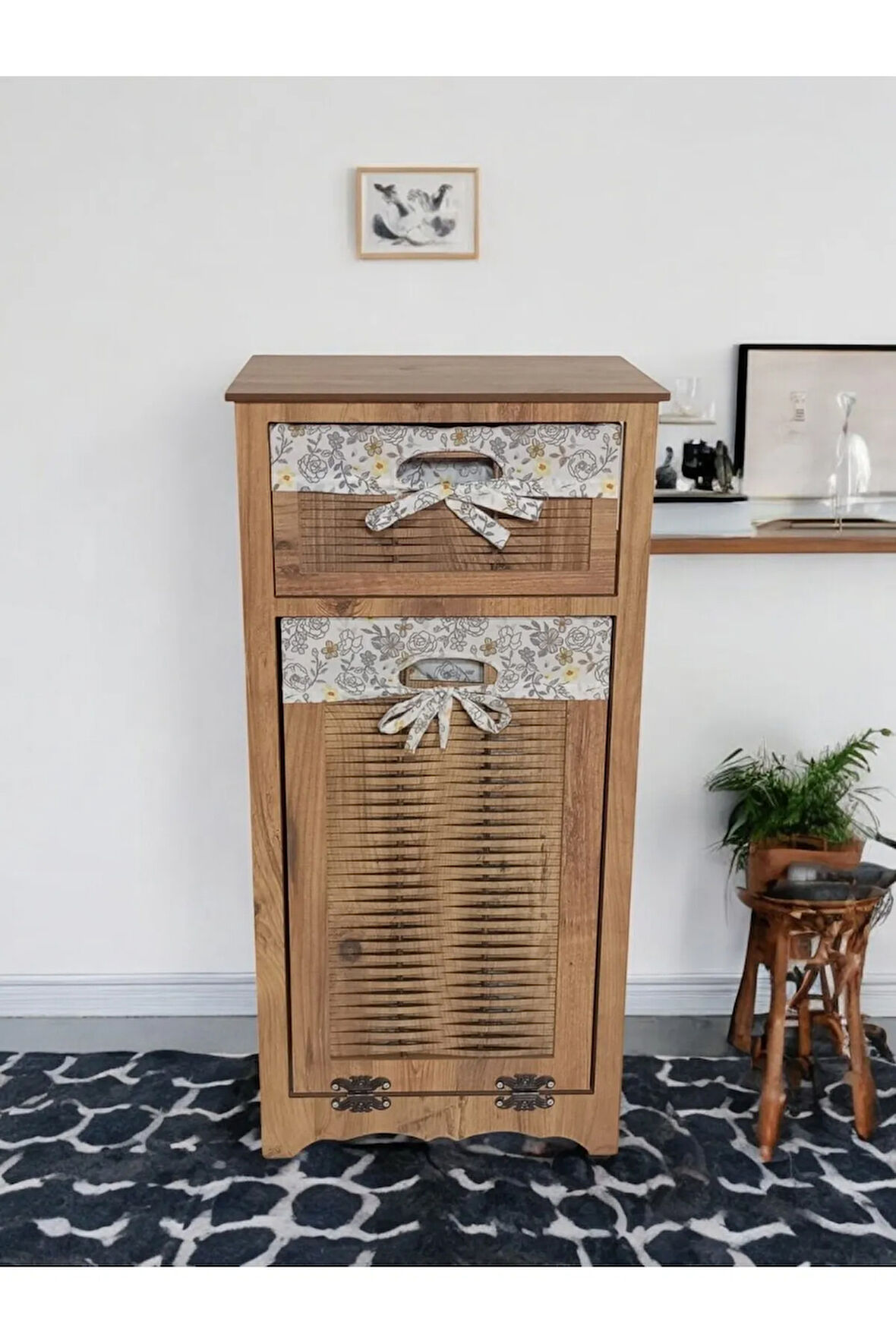 Ahşap Kirli Çamaşır Sepetli Çekmeceli Hasır Görünümlü Çok Amaçlı Dolap ( Atlantik Çam)