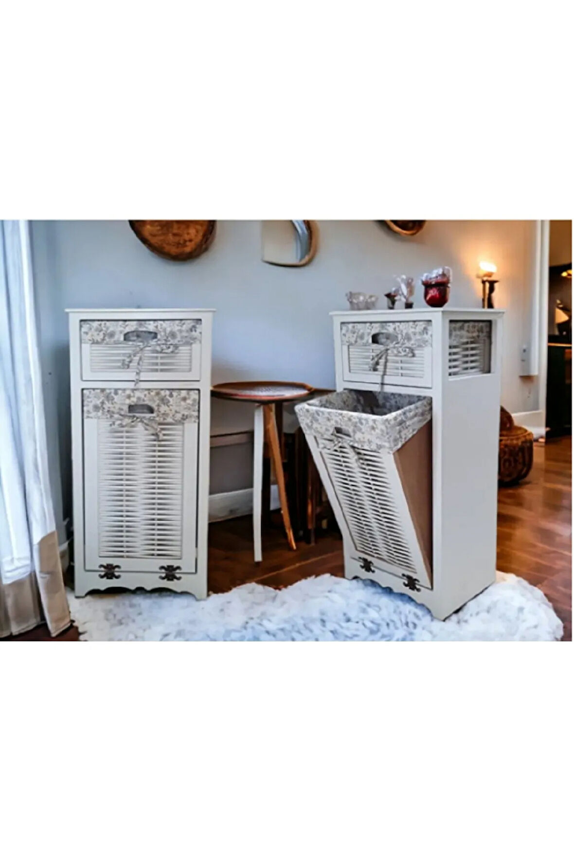 Ahşap Kirli Çamaşır Sepetli Çekmeceli Hasır Görünümlü Çok Amaçlı Dolap ( Beyaz)