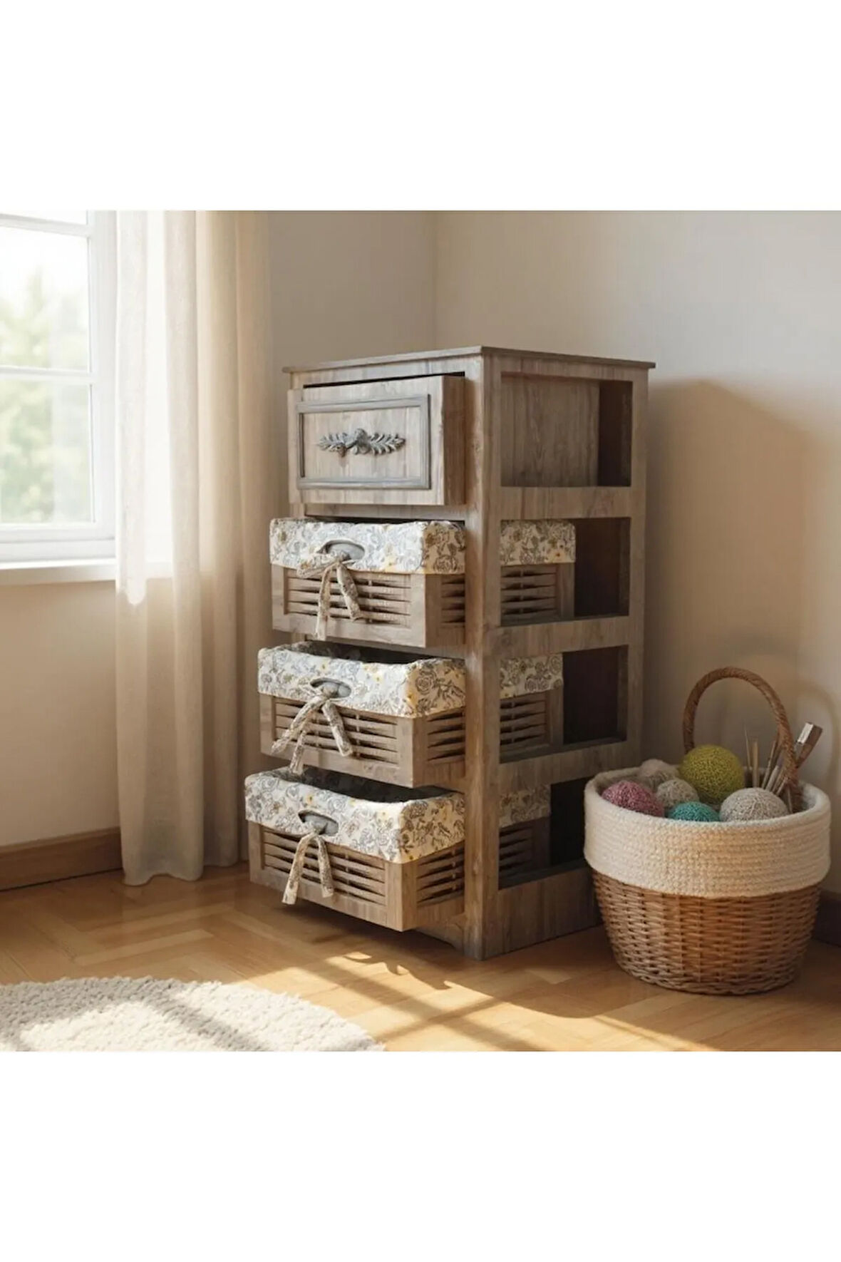 Ahşap 4 Çekmeceli Hasır Görünümlü Yıkanabilir Bezli Sebzelik (Rustik Meşe)