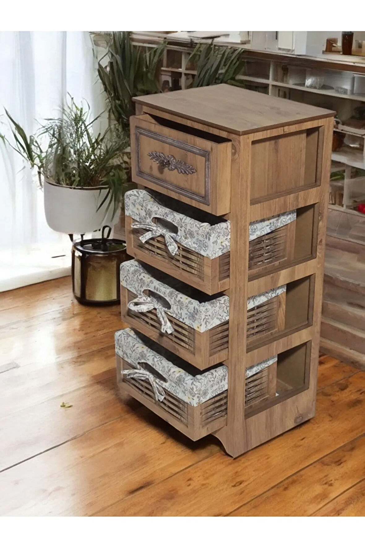 Ahşap 4 Çekmeceli Hasır Görünümlü Yıkanabilir Bezli Sebzelik (Atlantik Çam)