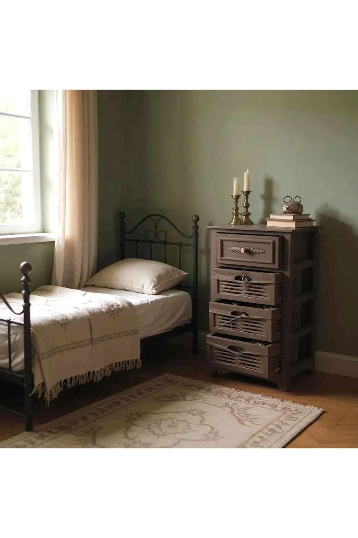 Ahşap 4 Çekmeceli Hasır Görünümlü Yıkanabilir Bezli Sebzelik (Siyah)