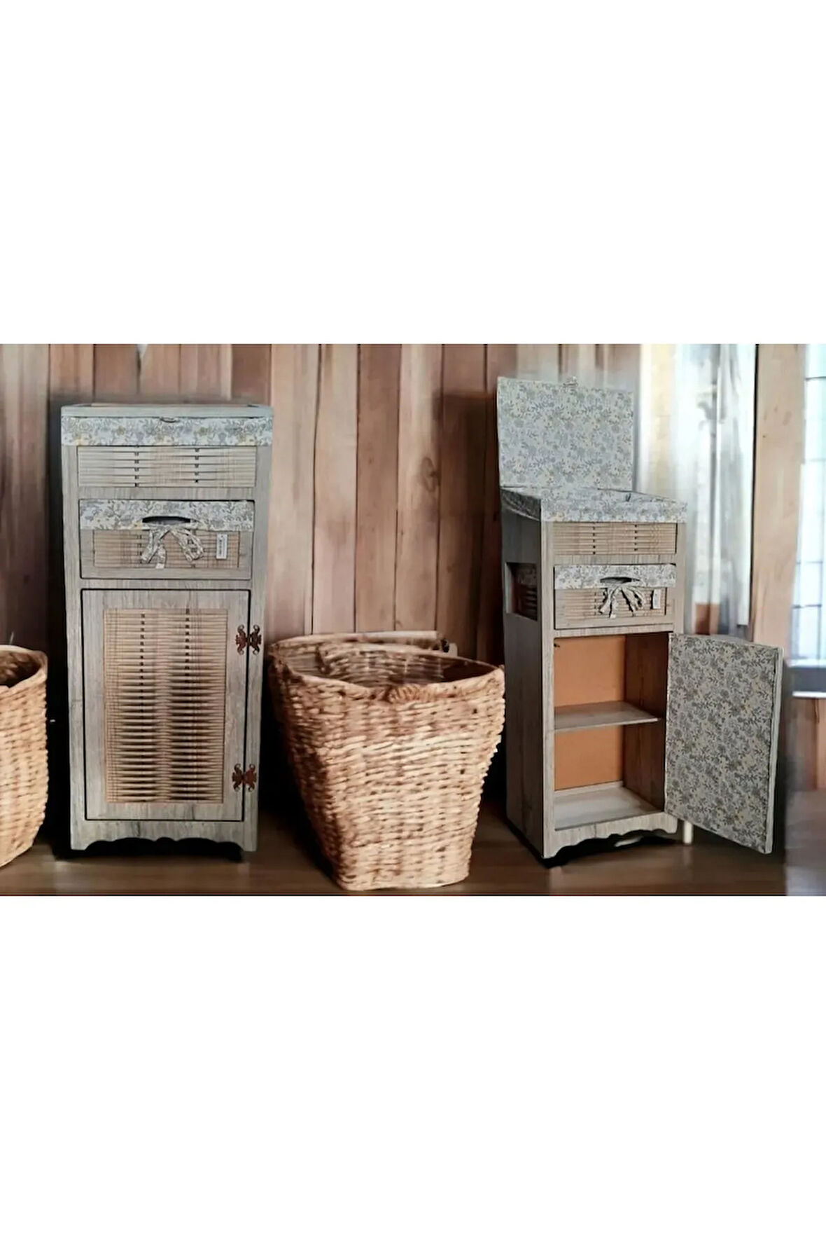 Ahşap Ekmek Sepetli Raflı Dolaplı Çekmeceli Kiler Dolabı (Rustik Meşe)